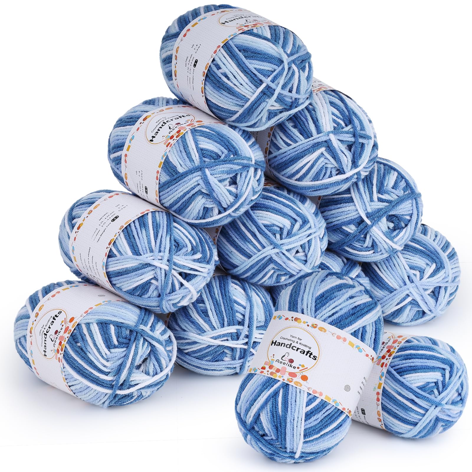 Aeelike Ombre Yarn Set 600g, 12 x 50g 5Ply Milk Cotton Soft Acrylic Yarn for Crochet Beginners, Gradient Yarn Wool for Knitting and Crocheting Amigurumi & Granny Squares, Gradient Blue White โ image 1