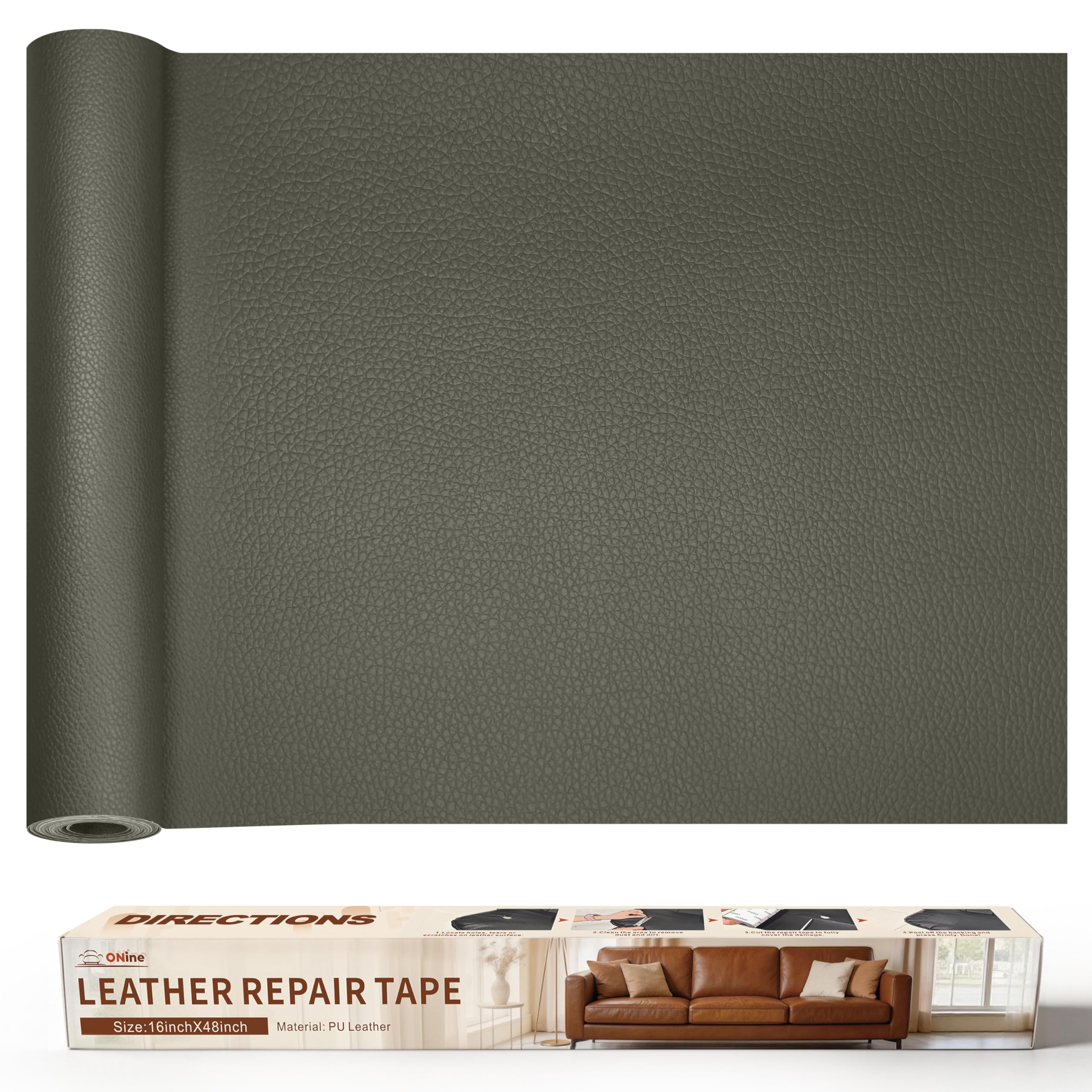 ONine Leather Repair Patch，Leather Repair Tape, 16 x 48 inches Leather Repair Patch for Furniture,Vinyl Repair kit，Leather Couch Patch，for Sofas, Furniture, car Seats(Grey-Litchi Grain)