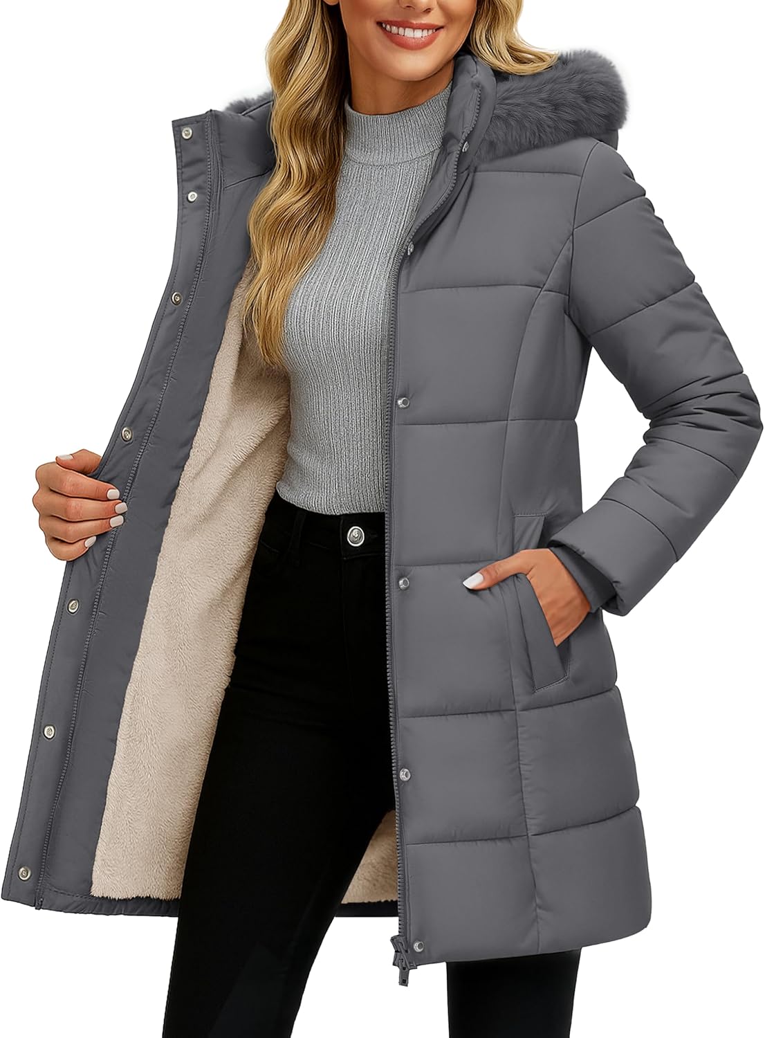 YUCOLEN Long Winter Coats for Women Fleece Lined Sherpa Puffer Jackets with Hood Pockets Zip Warm Thicken Parka Coat - Image 2