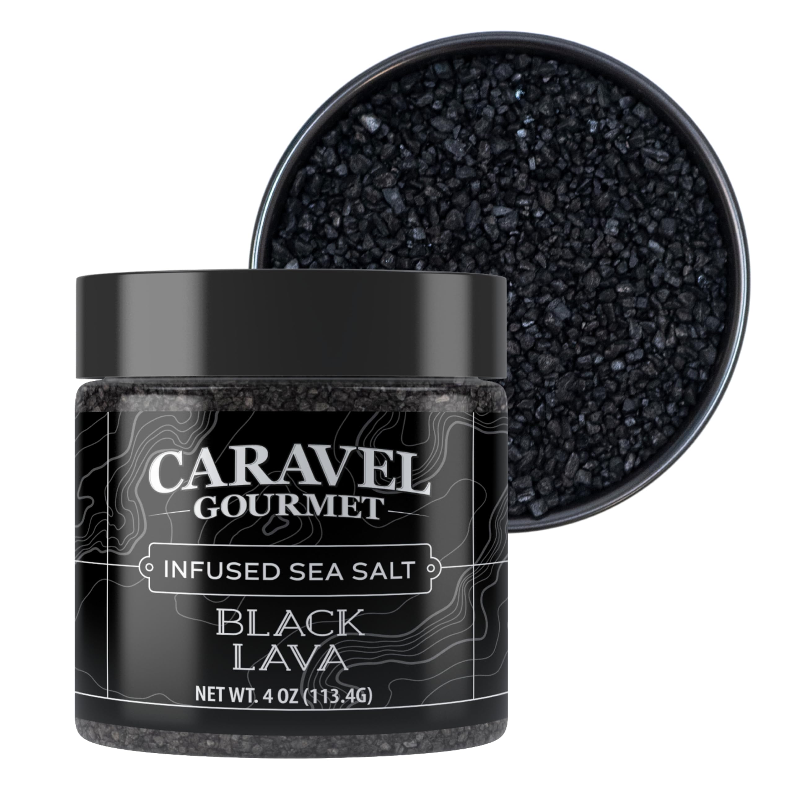 Caravel Gourmet Hawaiian Black Lava Sea Salt - All-Natural Unrefined Hawaiian Sea Salt Infused with Activated Charcoal - Gorgeous Finishing Salt - No Gluten, No MSG, Non-GMO - 113.4g Stackable Jar