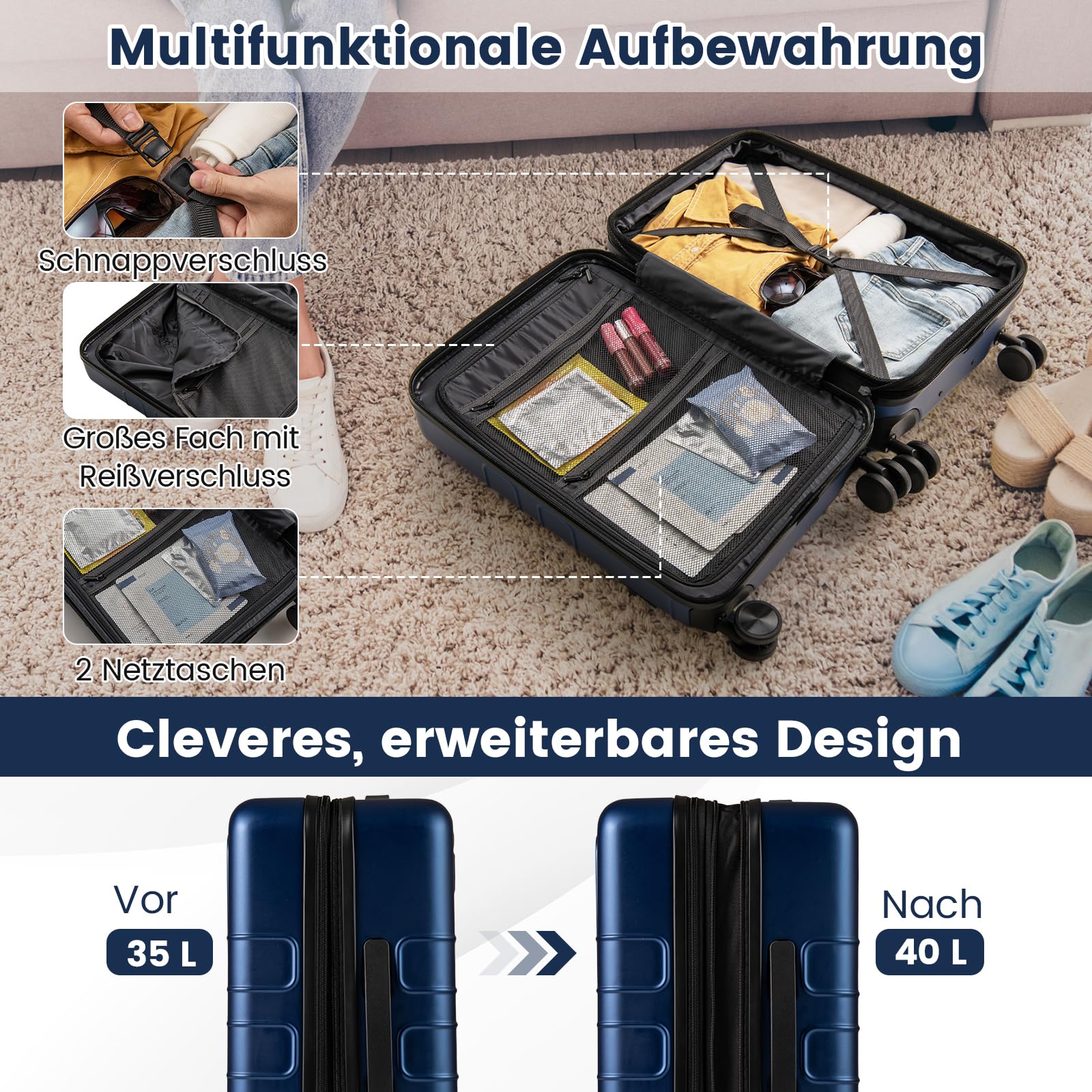 COSTWAY Bagaż podręczny ze składanym blatem, 38 l, z kieszenią przednią, kieszenią na laptopa, przyłączem USB i kółkami obrotowymi, twarda walizka na komputer z zamkiem TSA