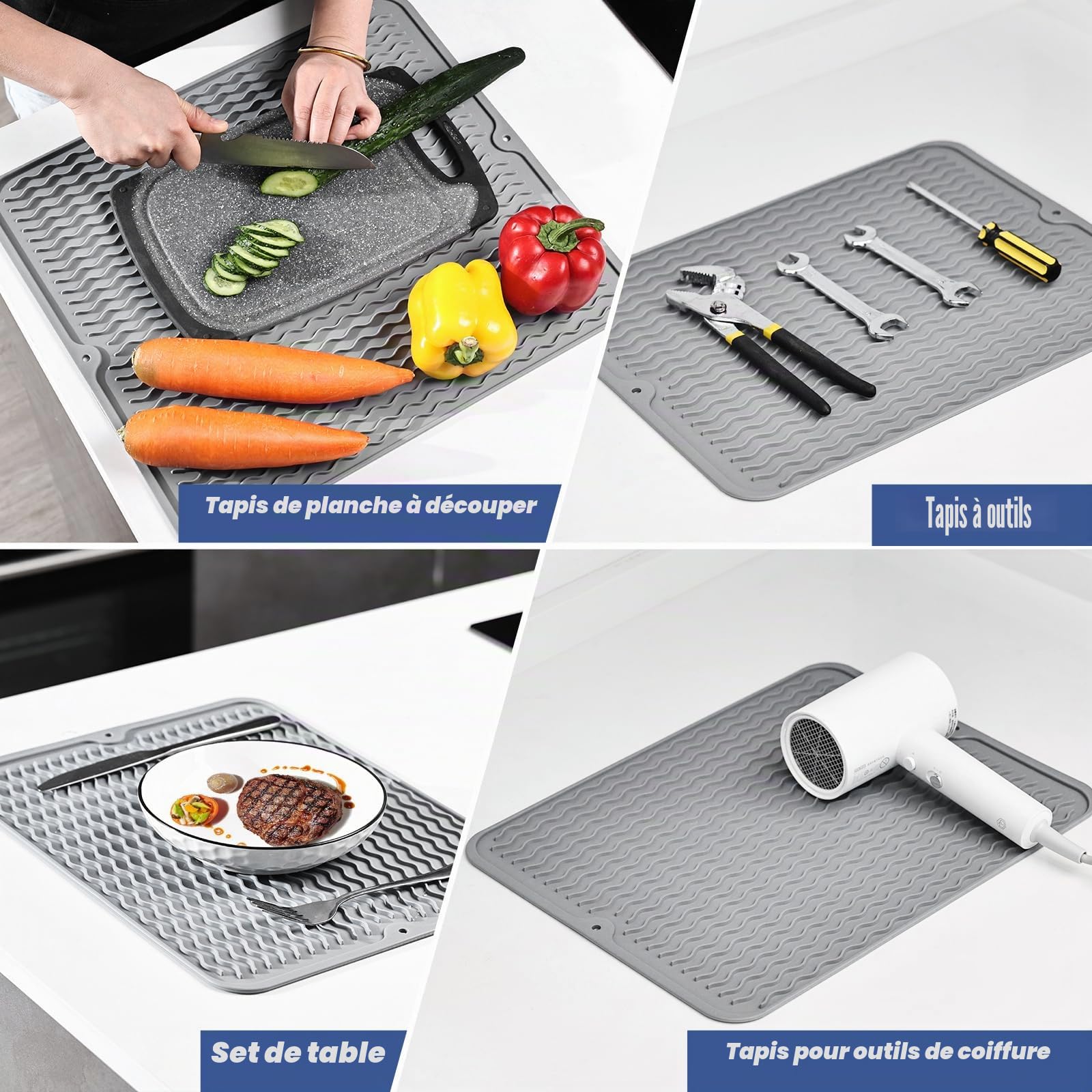 KitchenRaku Tapis Égouttoir en Silicone Résistant à la Chaleur pour Cuisine, Dessous de Plat Antidérapant, Dessous de Verre