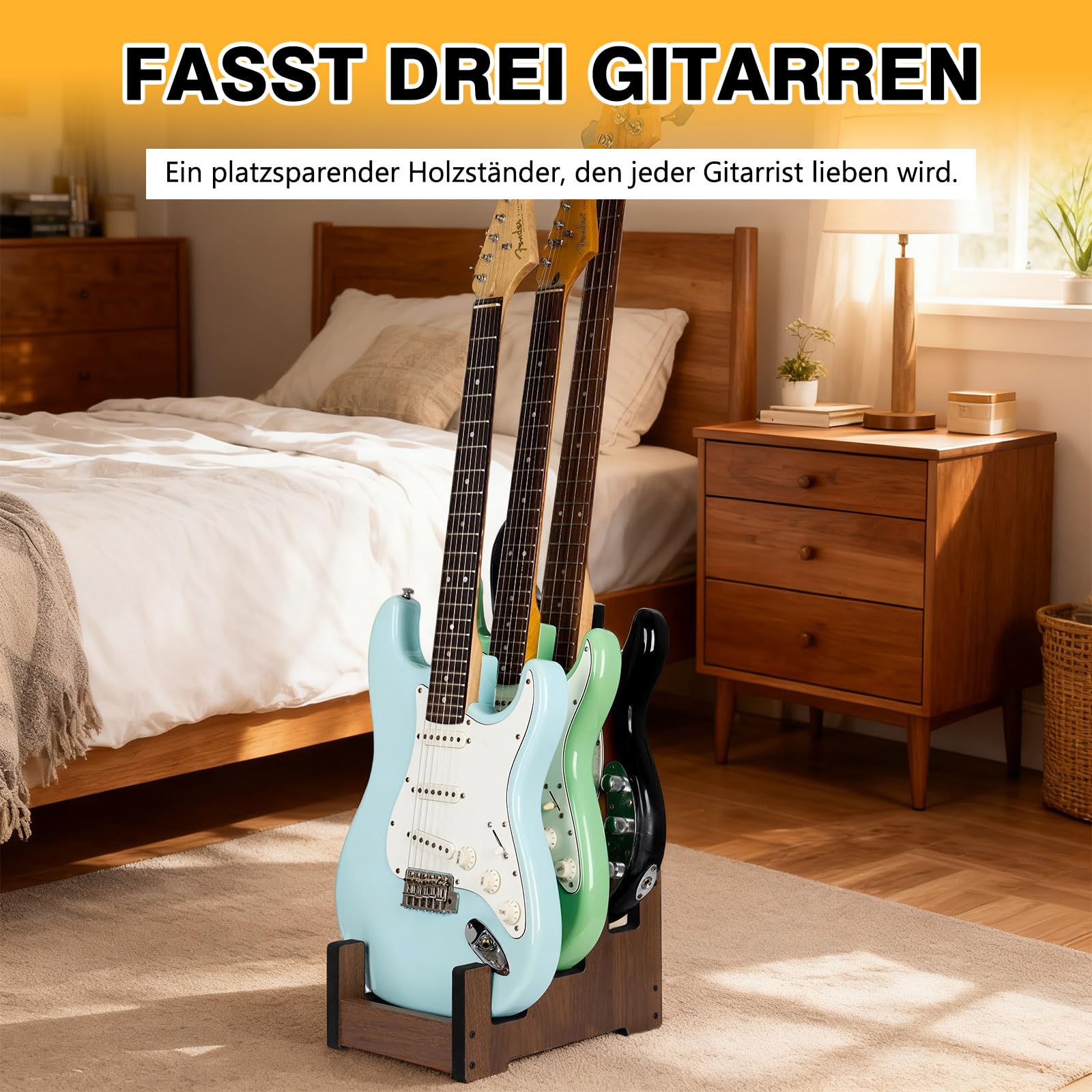 Gitarrenständer Holz für mehrere Gitarren, 3-Halter Gepolsterter Multi-Gitarrenständer Boden Platzsparend 3 Gitarren Display-Rack für Zuhause Studio Bühne (Für 3 E-Gitarren/Bässe)