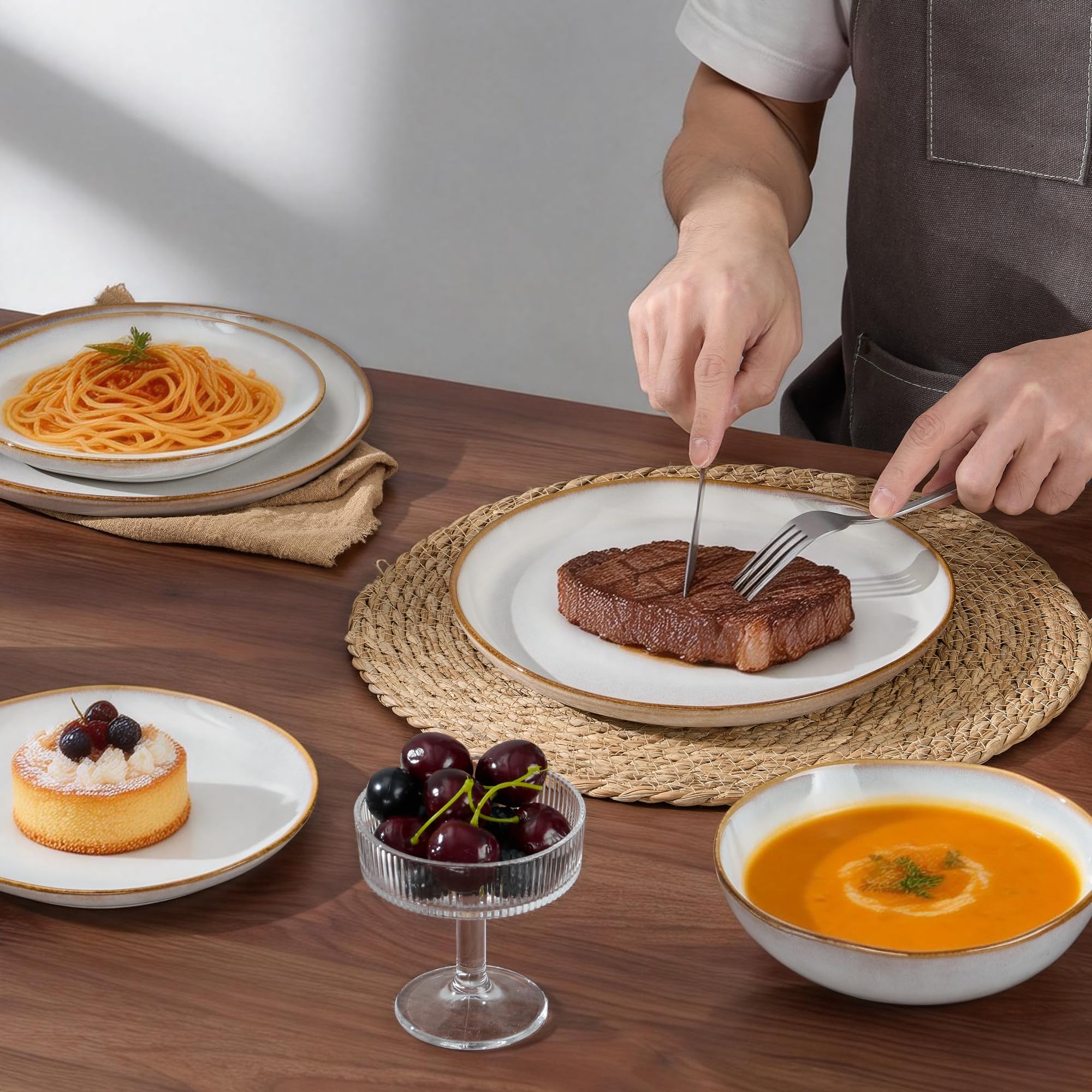 Joyfair Service de table 6 personnes, set de 24 pièces en grès, vaisselle ronde irrégulière avec assiettes, assiettes à dessert, bols à céréales, résistants au micro-ondes et au lave-vaisselle, blanc