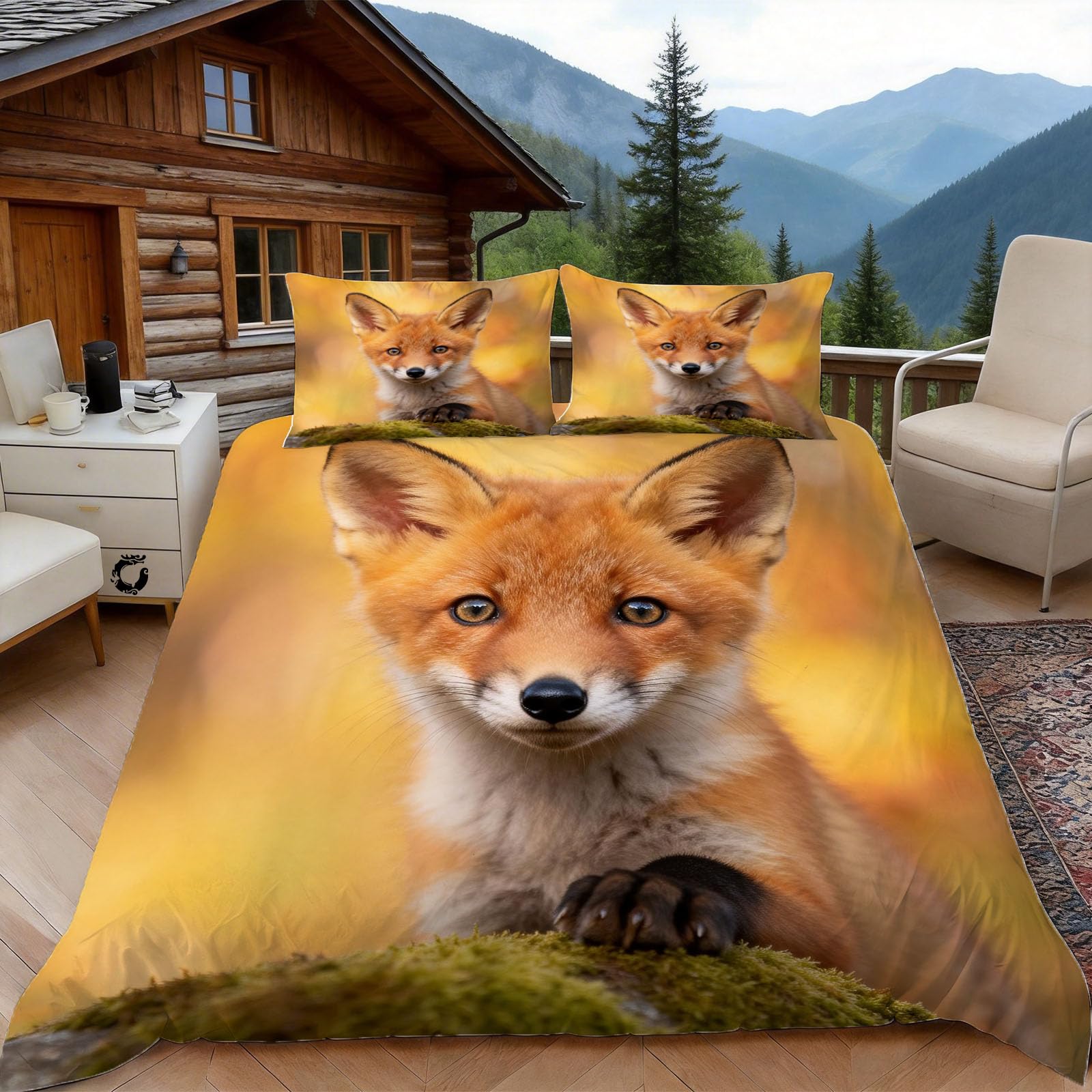 3D Single Duvet Cover Set 3D Printed Red Fox Cub Bedding, Natural Soft Microfibre Duvet Cover Sets Quilt Cover and Pillow Set with Zipper 3 Pcs