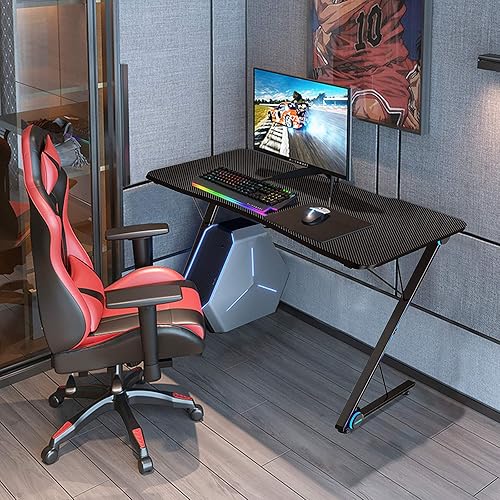 Miniatura 2 de Tangkula Escritorio para computadora de juegos, mesa de computadora en forma de Z con luces LED y gran superficie de fibra de carbono, estación de
