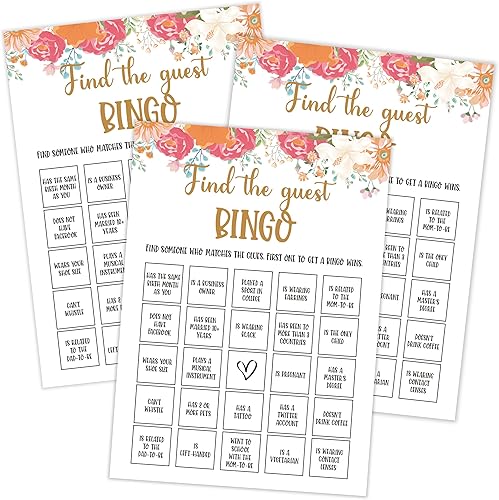 Qoqxjodd Boho Floral Find The Guest Bingo Game, paquete de 30 tarjetas de juego, juego de baby shower, género neutro niño o niña, divertido juego y