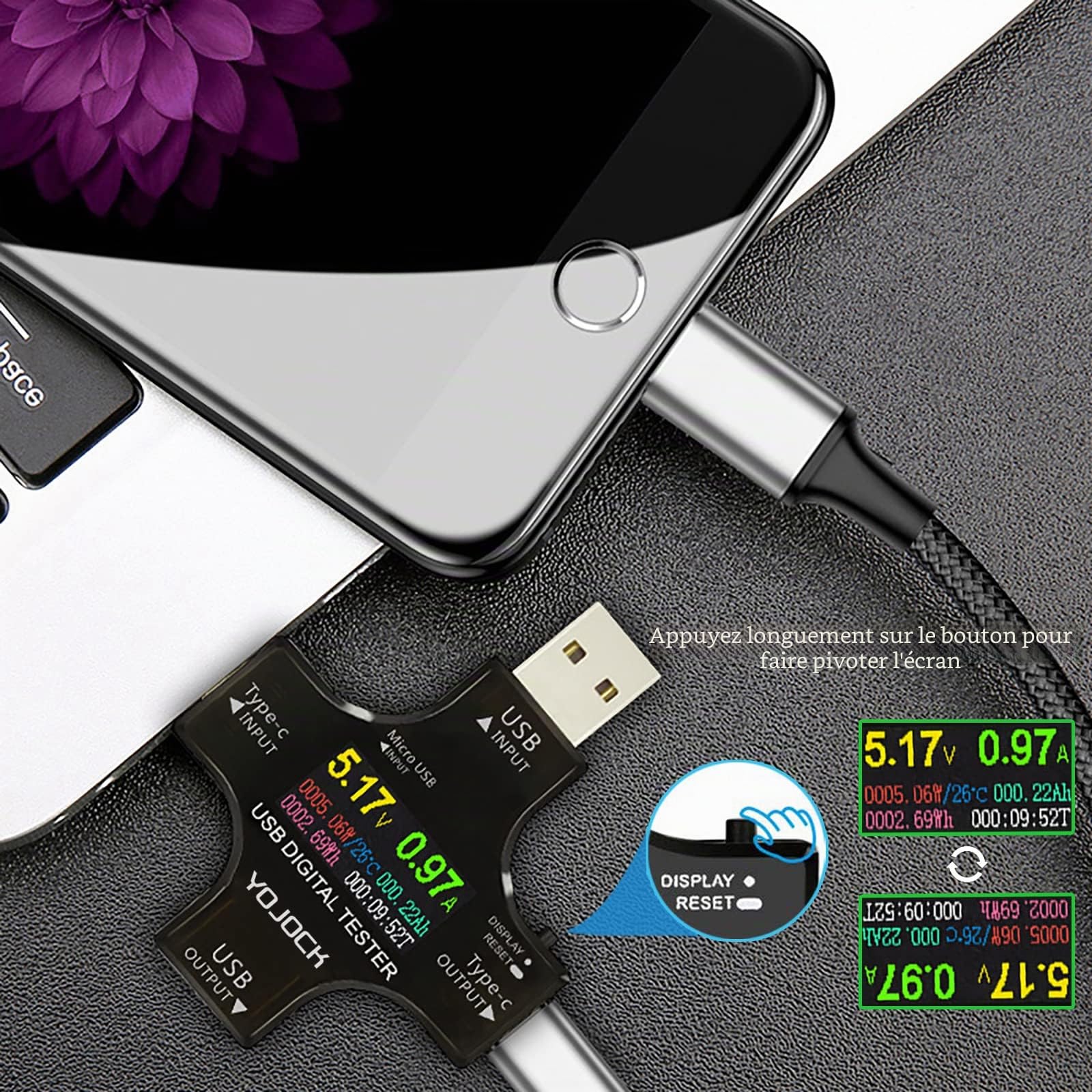 YOJOCK Testeur USB Multimètre USB C Meter de Courant et de Tension 3.6-32V 0-5.1A Tester 2 en 1 Voltmetre Amperemetre Capacité Alimentation Wattmètre Chargeur Détecteur avec adaptateur OTG