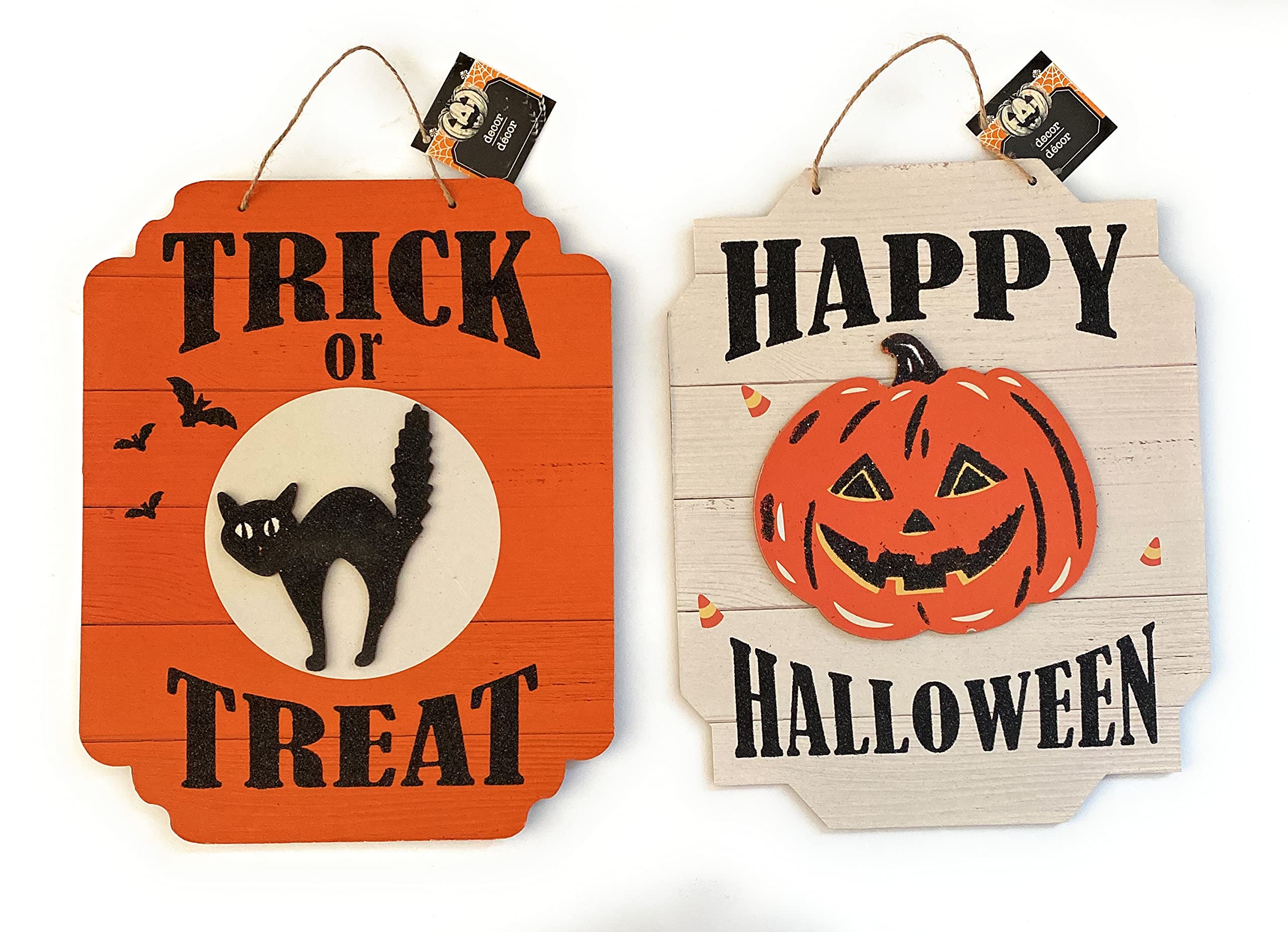 CABE Hocus Pocus Halloween's Wall Hanging Sign 1 Happy Halloween Jack O Lantern~ 1 Trick or Treat Black Cat (Bundle with KC Tingamajig) Door Decoration Indoor Outdoor Festive