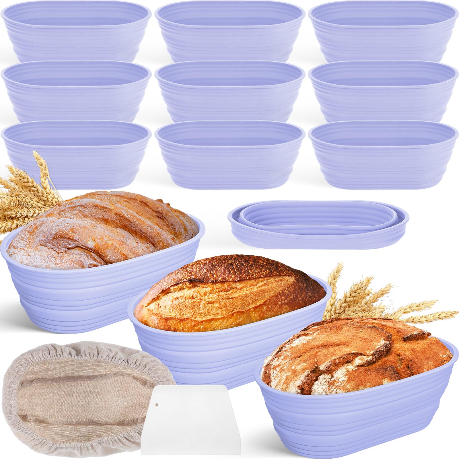 Nuogo Ovaler Brotgärkorb aus Silikon, 25,4 cm, faltbar, Sauerteig-Brot-Backzubehör, Teiggär-Schüssel mit Teigschaber und Korbabdeckungen, Violett, 9 Stück