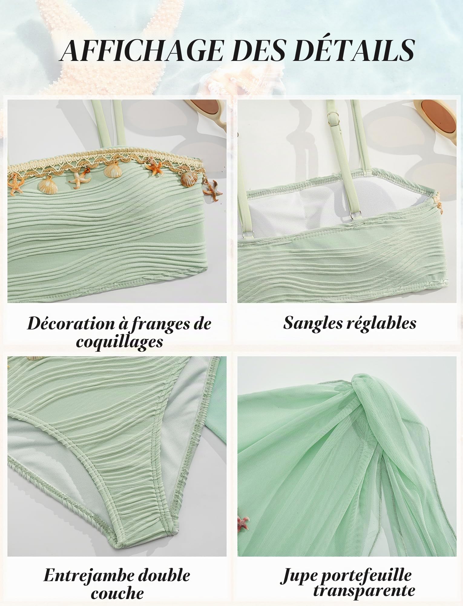SEAUR Fille Ensemble Bikini avec Jupe 3 Pièces Maillot de Bain Mode Coquille Bikini Set Enfant Été Plage Piscine 8-12 Ans
