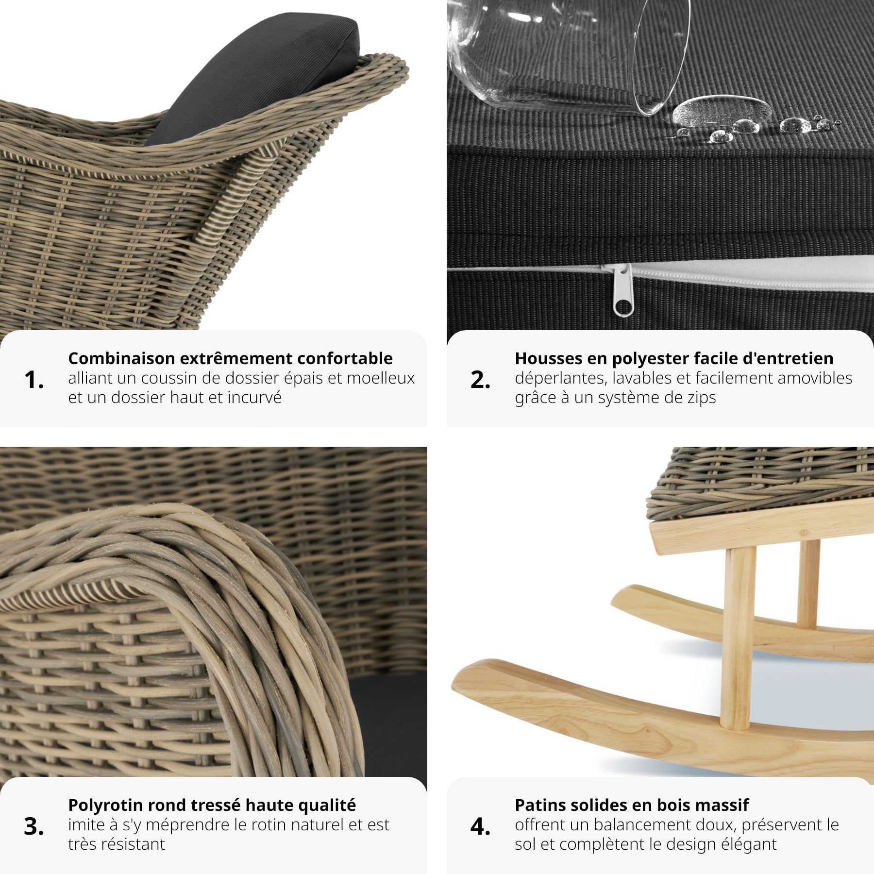 Fauteuil à Bascule TecTake En Poly Rotin - Avec Coussins Détachable - Pour Jardin, Terrasse, Balcon