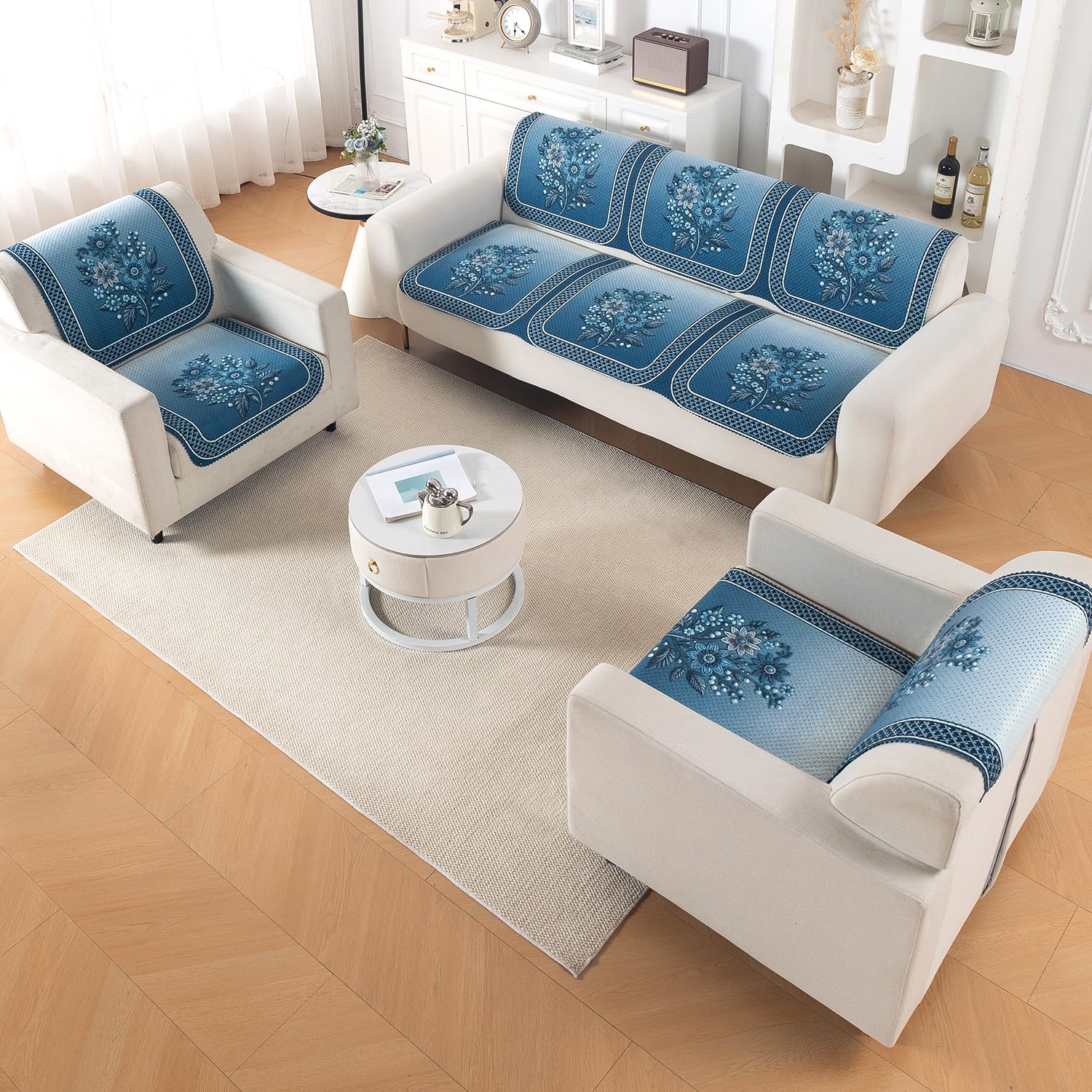 HOKIPO Sapphire Daisy Quilted Sofa Cover 5 Seater Set – Sofa Cover for Seat & Back, 'Canvas Rhythm Series' (IN-930-T6*2 + IN-928-T6*4)-image-45
