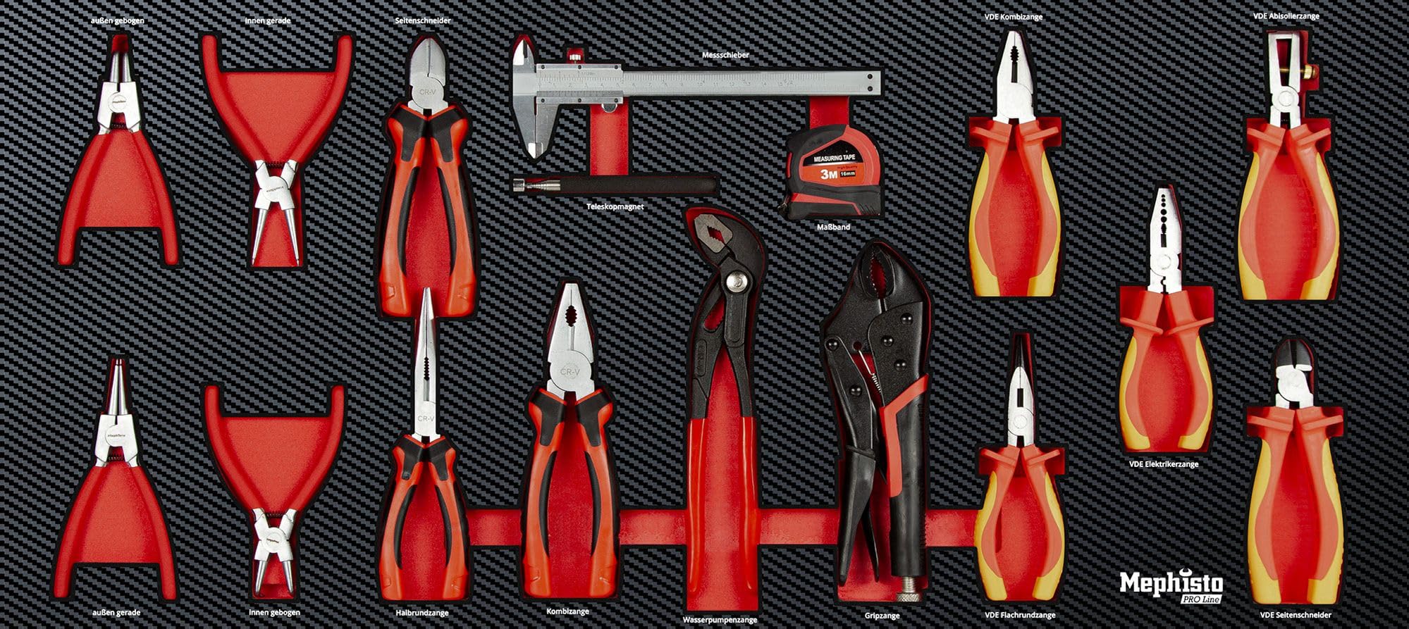 Mephisto Werkzeugeinlage Werkzeug Set Pro Line Werkstattwageneinlage inklusive Chrom-Vanadium Werkzeug Zangenset, VDE Zangen, Meterrolle und Messschieber in Soft Inlay in Carbonoptik