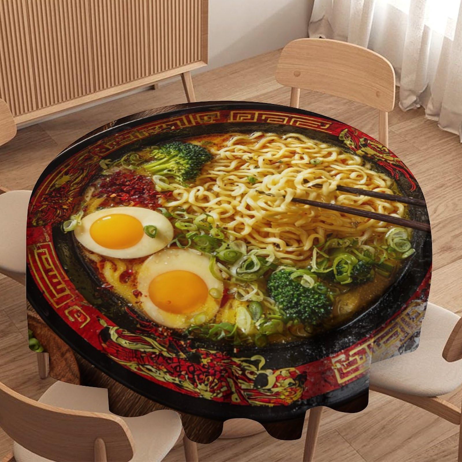 LUYYSKY Beautiful Rustic Ramen Noodle Waterproof Round Tablecloth Modern Anime Japanese Food Ramen Theme Washable Table Cover for Kitchen-91.4" Wx91.4 L cm