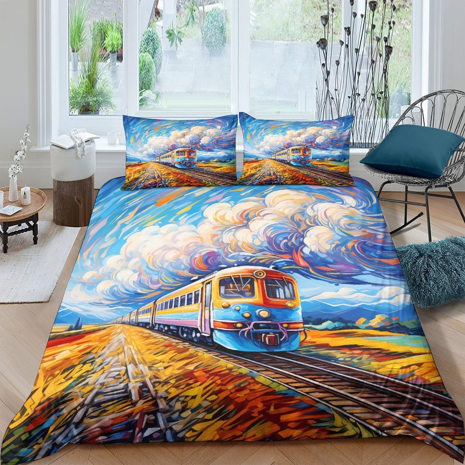 Ctjqhvkz Style-2 3D Printed Train Landscape Fitted Sheet Microfiber Soft Colorful Railway Art Mattress Cover Bedroom Decor Single（135X200cm）