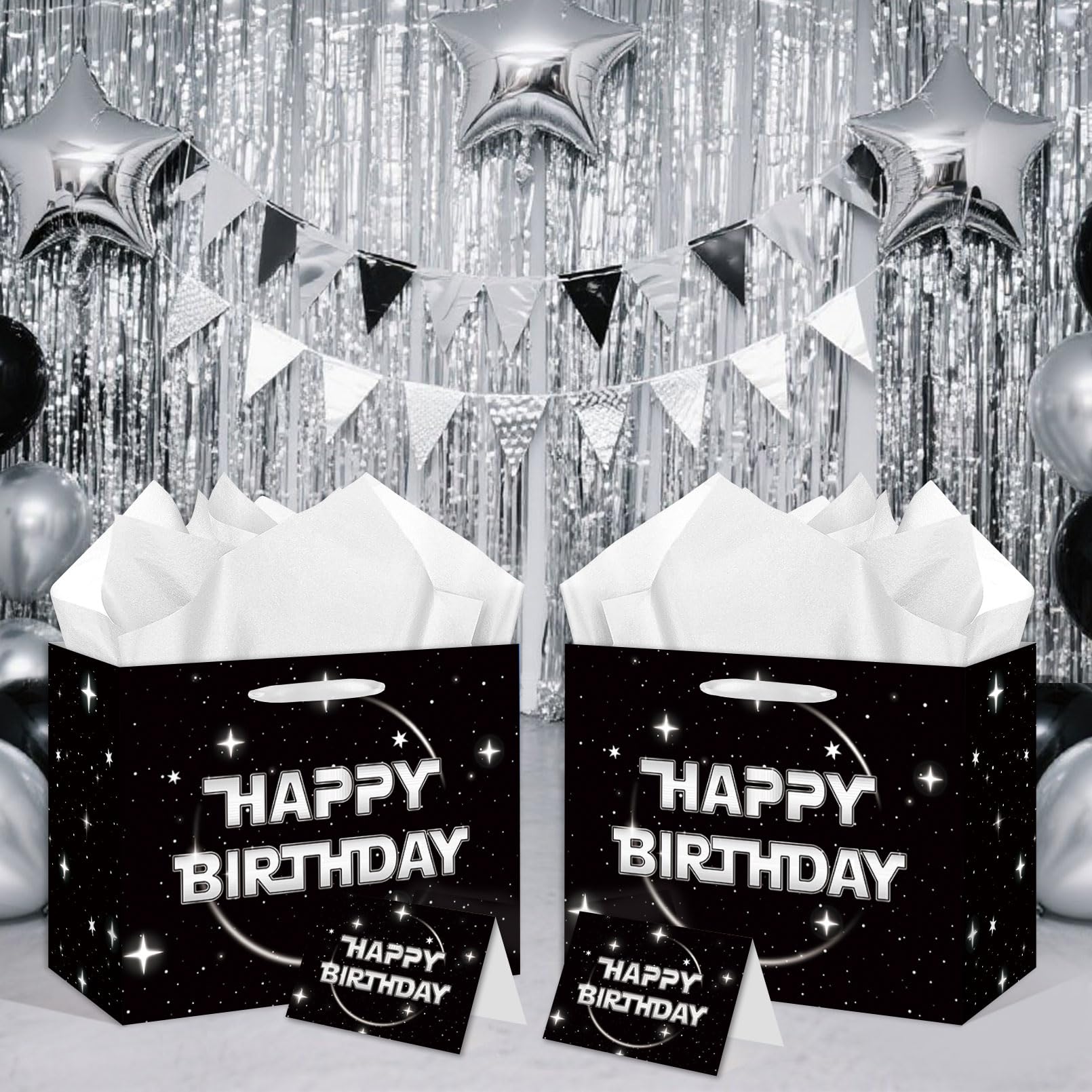 Anyangzhao Space Galaxy Birthday Gift Bag, Black Happy Birthday Gift Bag, with Greeting Card and Tissue Paper, Galaxy Party Favors Bag for Kids, Boys, Baby Shower, Star Theme Party Supplies