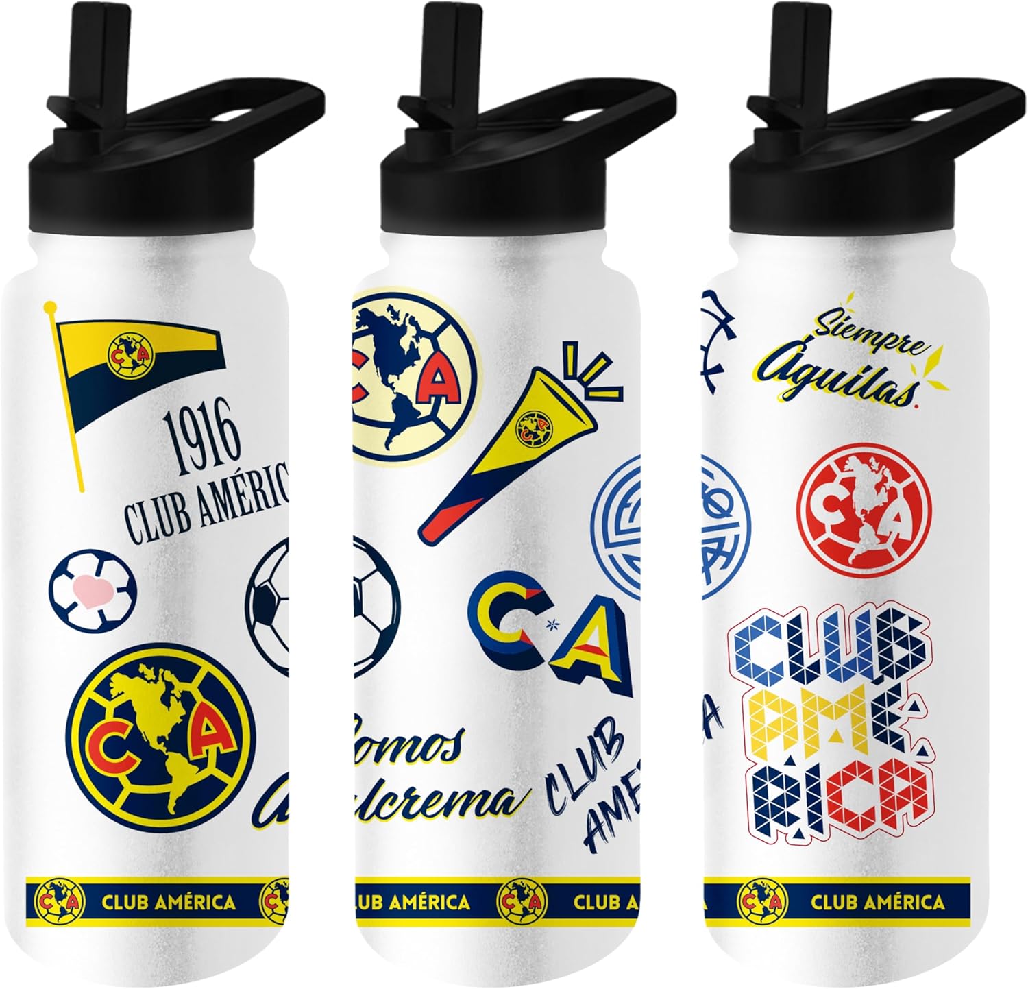 Logo Brands Liga MX Club America FC 34 oz Quencher Bottle - All-Over Team Design, Vacuum Insulated With Straw Lid - Durable Soccer Fan Water Bottle