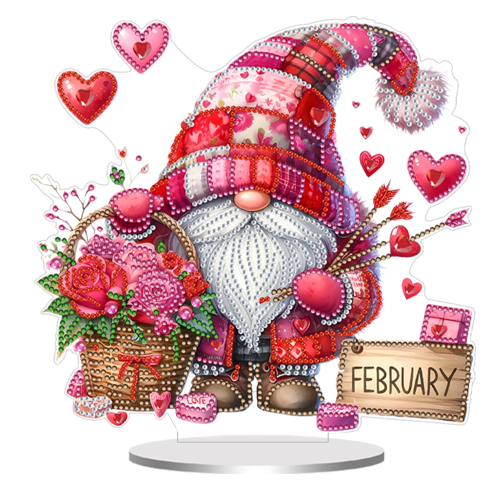 Diamond Art Acrylic Gnome Tabletop Ornament Kit for Adults – 5D Special Shape DIY Desktop Decor Stand, Monthly Holiday Craft Gift(February Gnome)