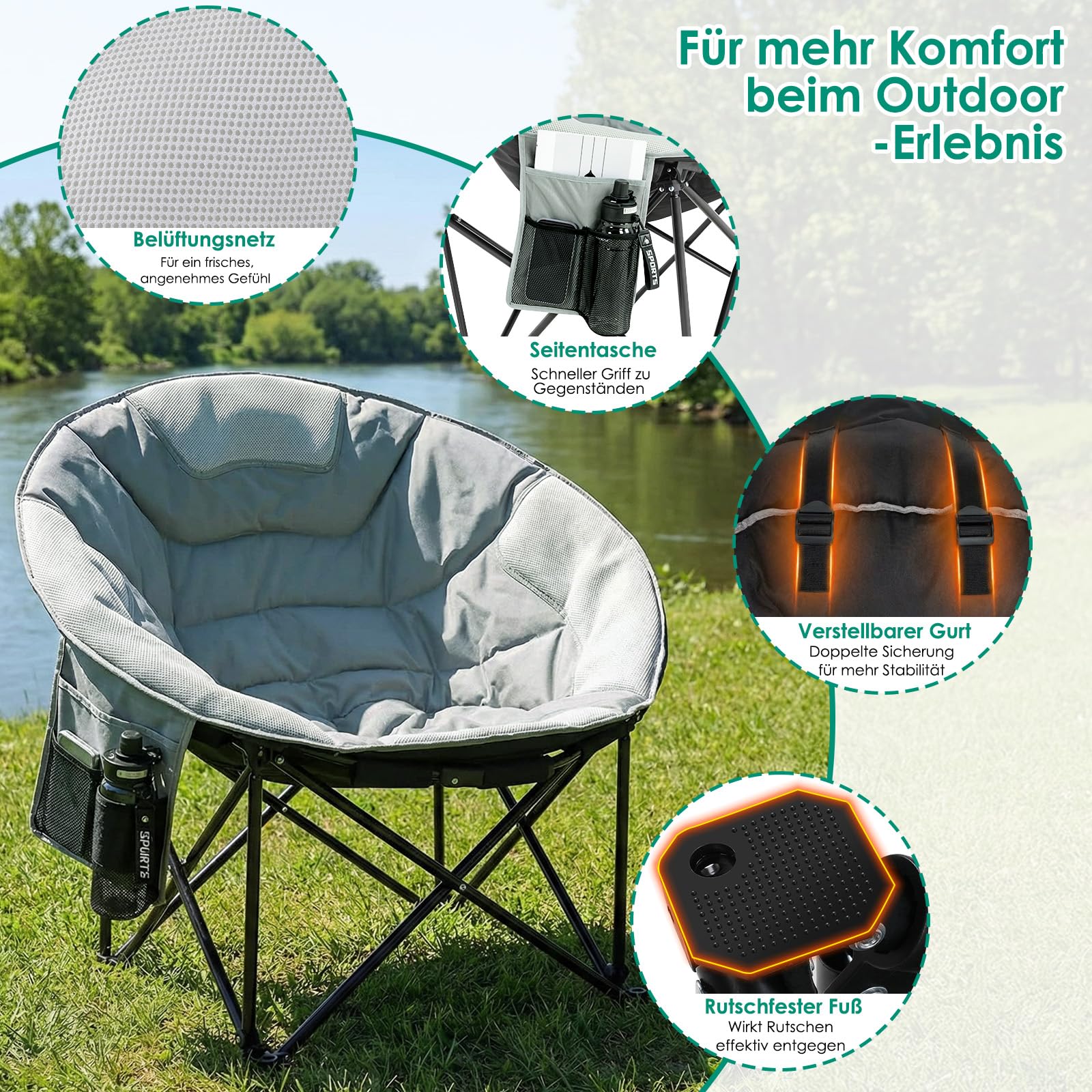 LIFERUN Krzesło kempingowe, składane, 150 kg, wygodne oparcie, krzesło kempingowe, sofa kempingowa dla 1 osoby, lekkie, z torbą do przenoszenia, na piknik, do użytku na zewnątrz, do ogrodu, szare