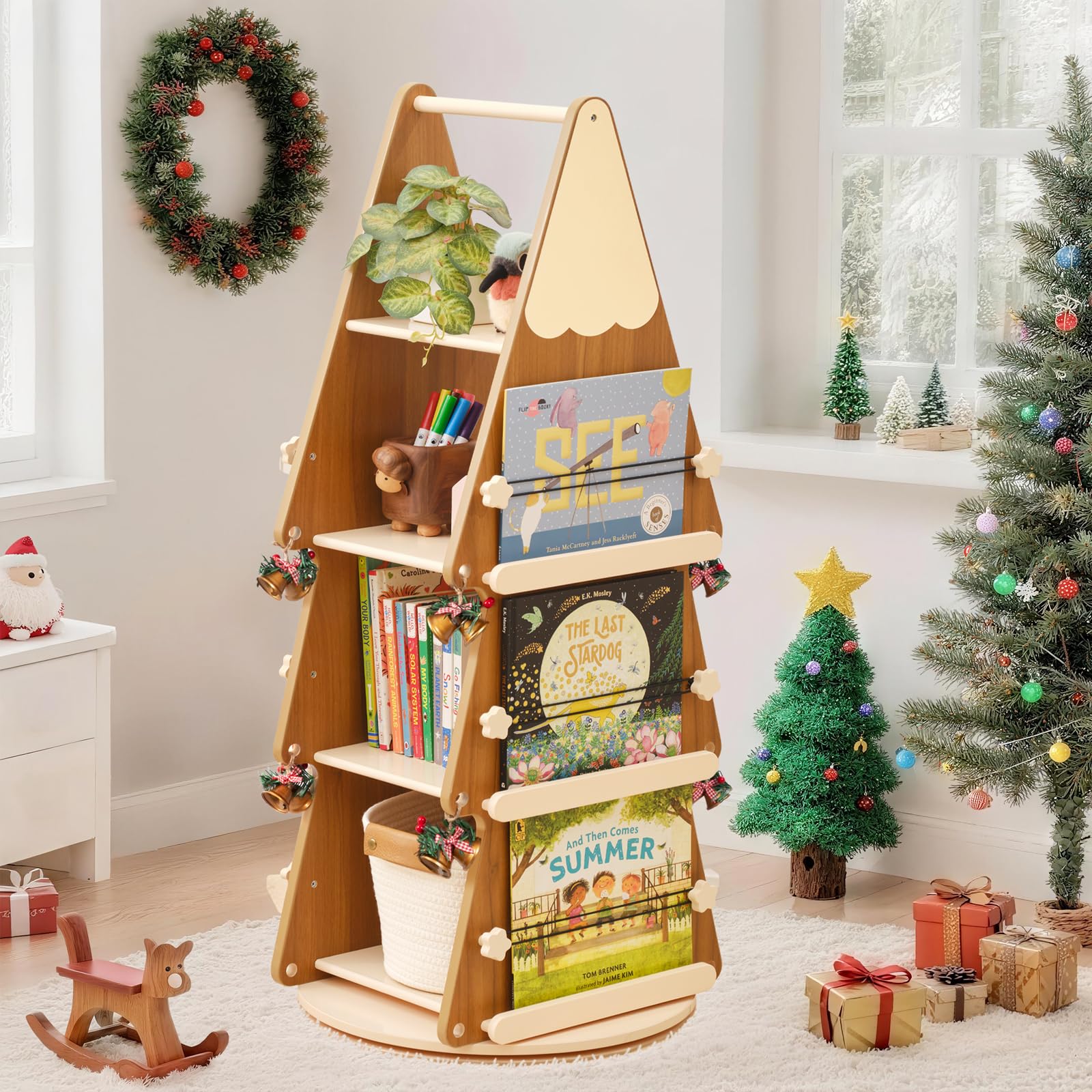 OOOK Bibliotheque Rotative Enfant, Bibliotheque Tournante à 4 Niveaux, Étagère Livre Enfant Bois Massif à 360°, étagère à Livres pour Chambres d'enfant, salles de Classe, Chambres de bébé