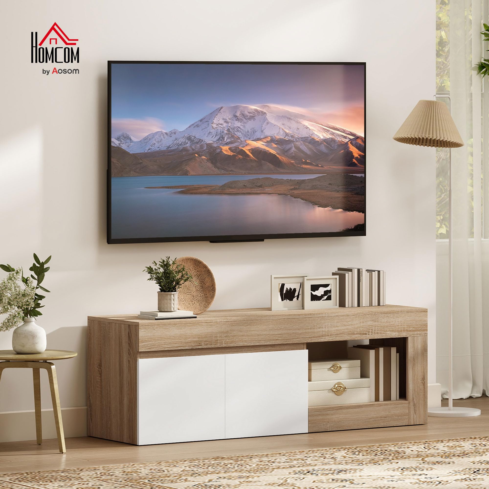 HOMCOM Meuble TV 140 cm, Meuble Télé pour Téléviseur jusqu'à 60 Pouces avec 2 Portes à Fermeture Douce et Compartiment Ouvert, Banc TV Moderne pour Salon, Chambre à Coucher, Effet Bois Naturel