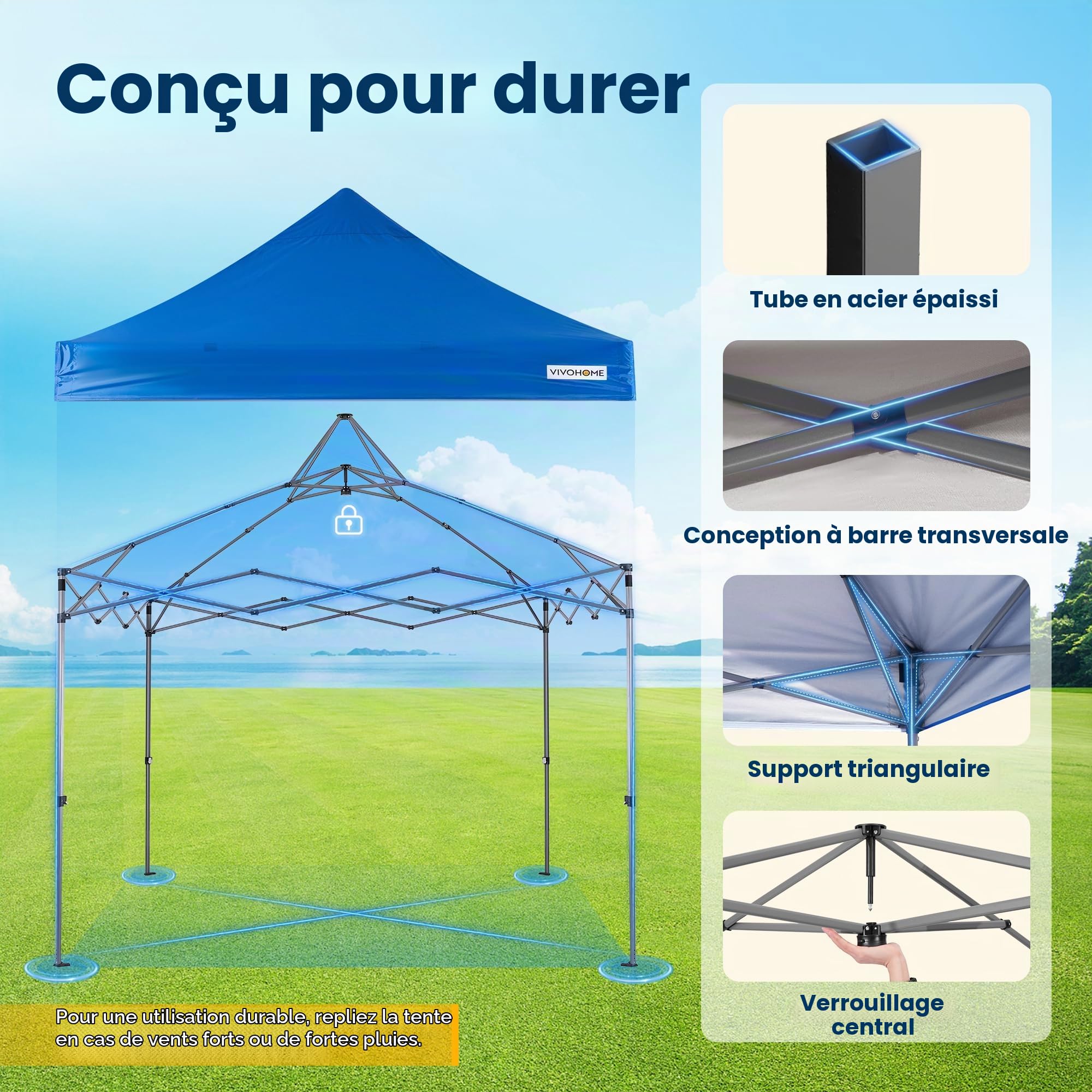 VIVOHOME 3x3m Tonnelle Pliante Extérieur avec Panneau Latéral Oxford 150D | Tente de Jardin Imperméable Structure Acier Réglable Protection UPF 50+, Housse à Roulettes pour Camping Fêtes