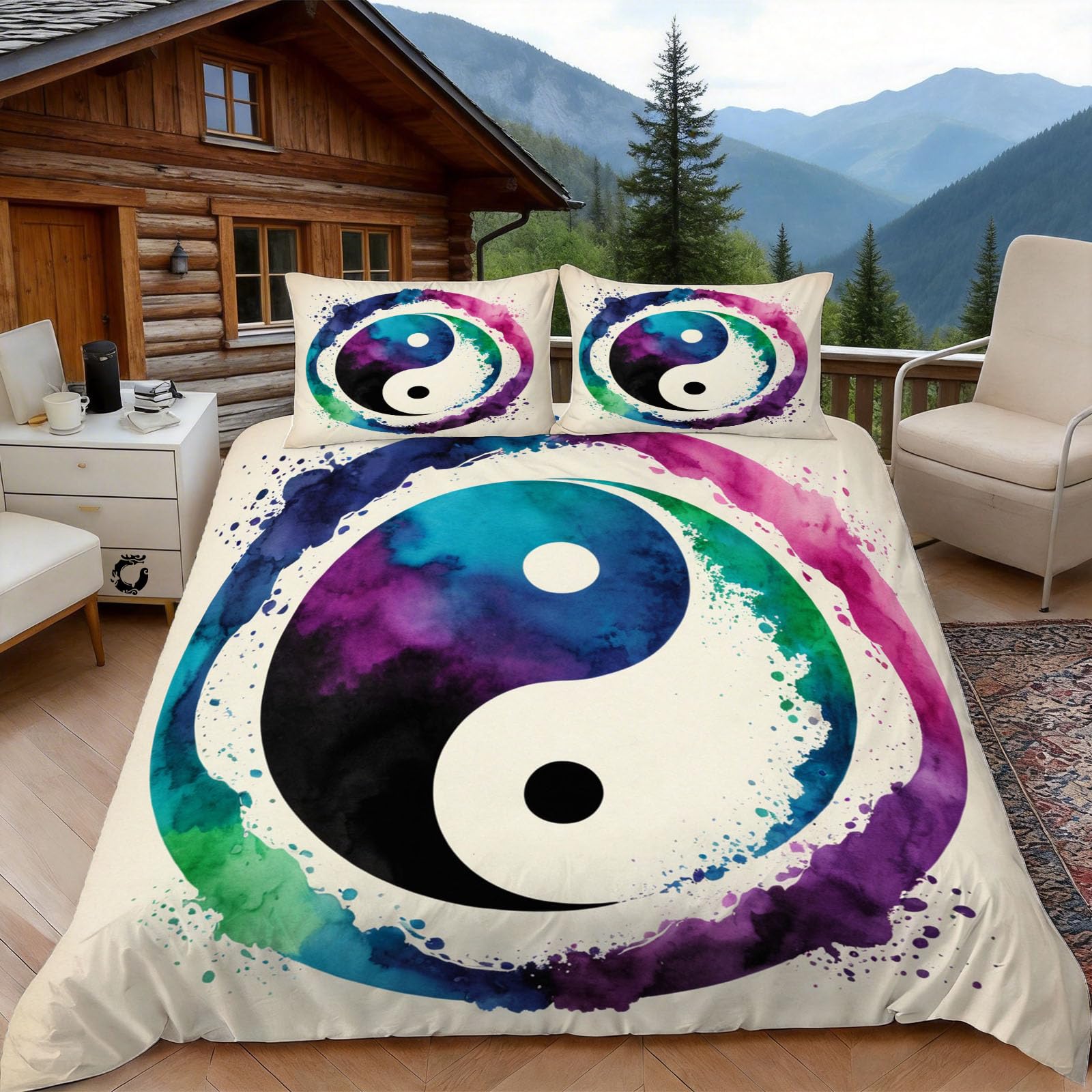 3D Double Duvet Set 3D Printed Yin Yang Bedding, Mystical Soft Microfibre Duvet Cover Sets Quilt Cover and Pillow Set with Zipper 3 Pcs