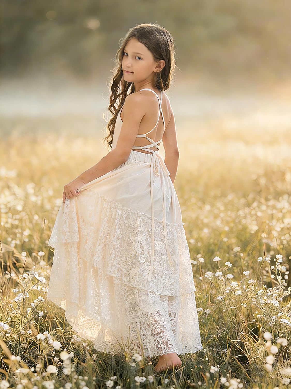 Boho Flower Girl Dress Paisley Lace Backless Full Length Ruffle Girls Holiday Party Maxi Gown Beach Wedding