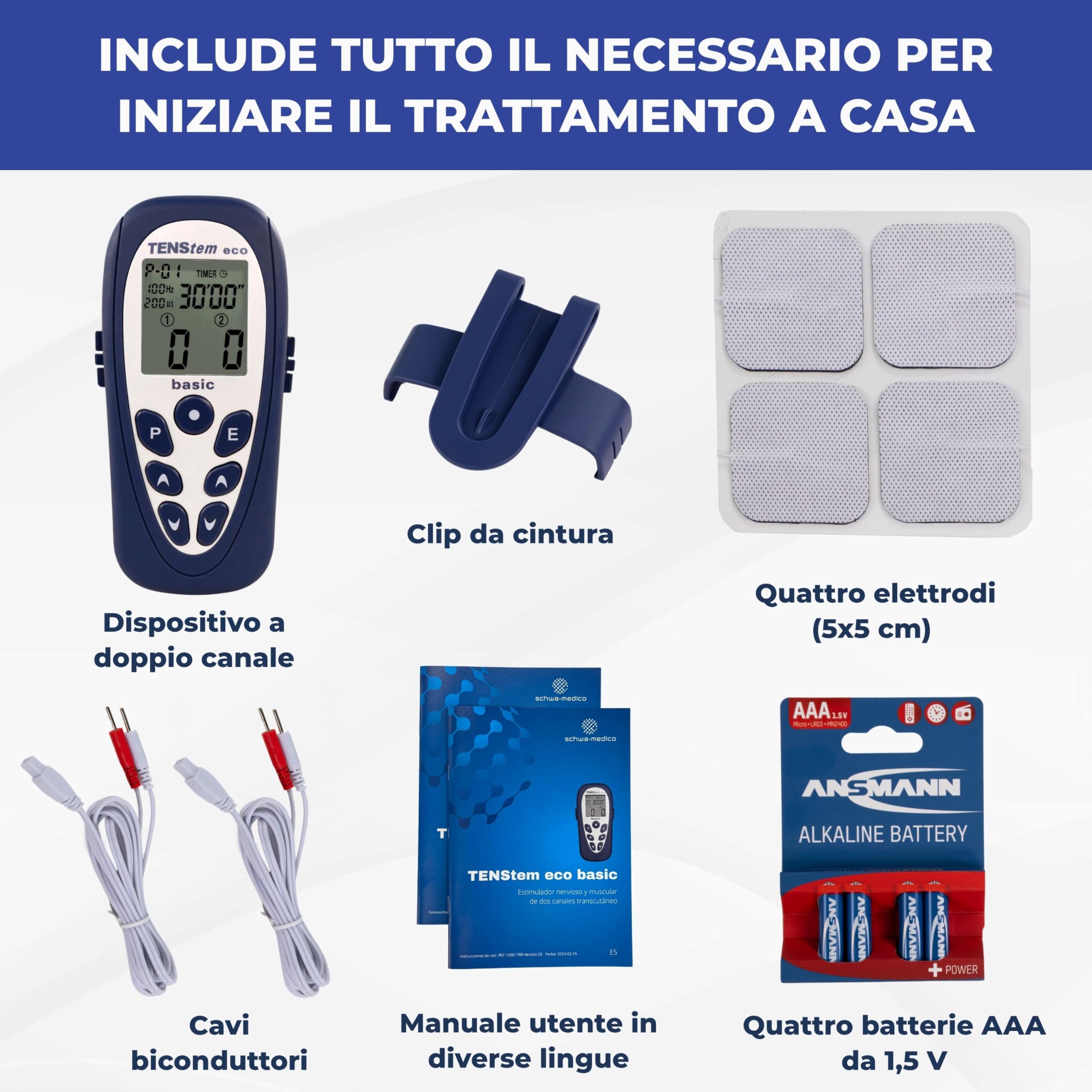 Tens Eco Basic, Elettrostimolatore Portatile, 2 Canali, 12 Programmi + 4 Personalizzabili, Sollievo dal Dolore, Stimolazione Muscolare e Ionoforesi Non Invasiva, Schermo LCD