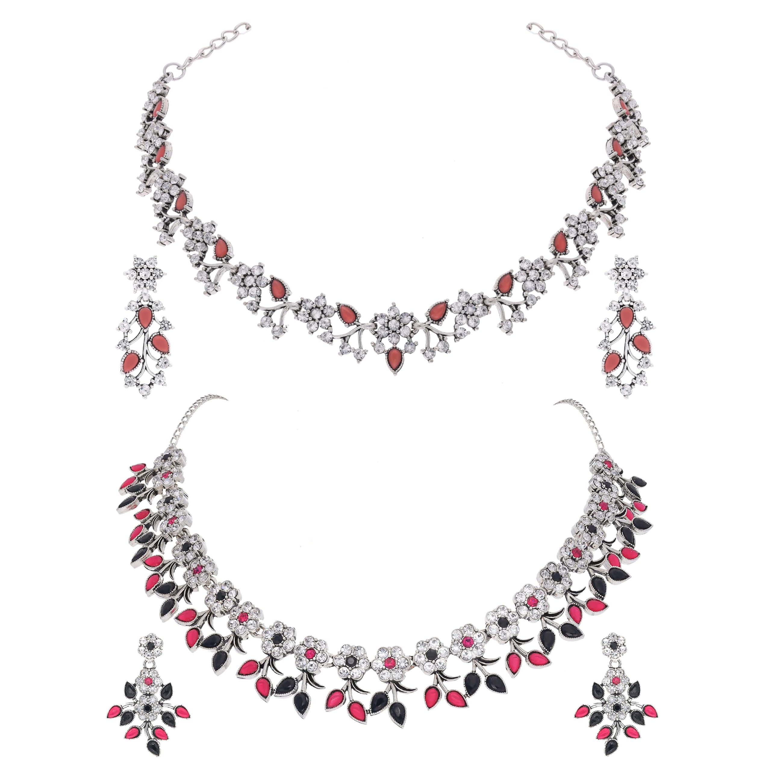 Brado Jewellery Special Combo Silver Polished AD Stone Studded Jewellery Choker Necklace Set with Pair of Earrings for Special Occasion (Orange & Black&Pink) (B0D9F9DDWT) Amazon Price History, Amazon Price Tracker