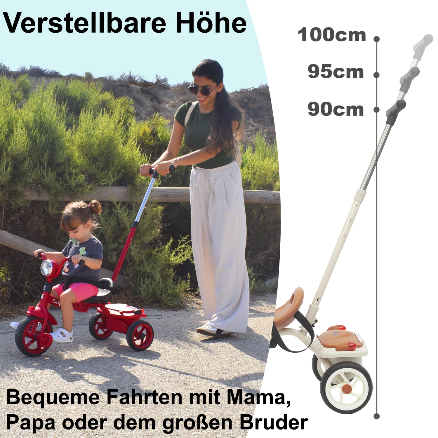 Twinly Evolutionäres Baby-Dreirad, faltbar, für Kinder von 1-5 Jahren, leicht und kompakt, Lenker mit Licht und Sound, Korb und verstellbarer Schiebestange Carly (Minze)