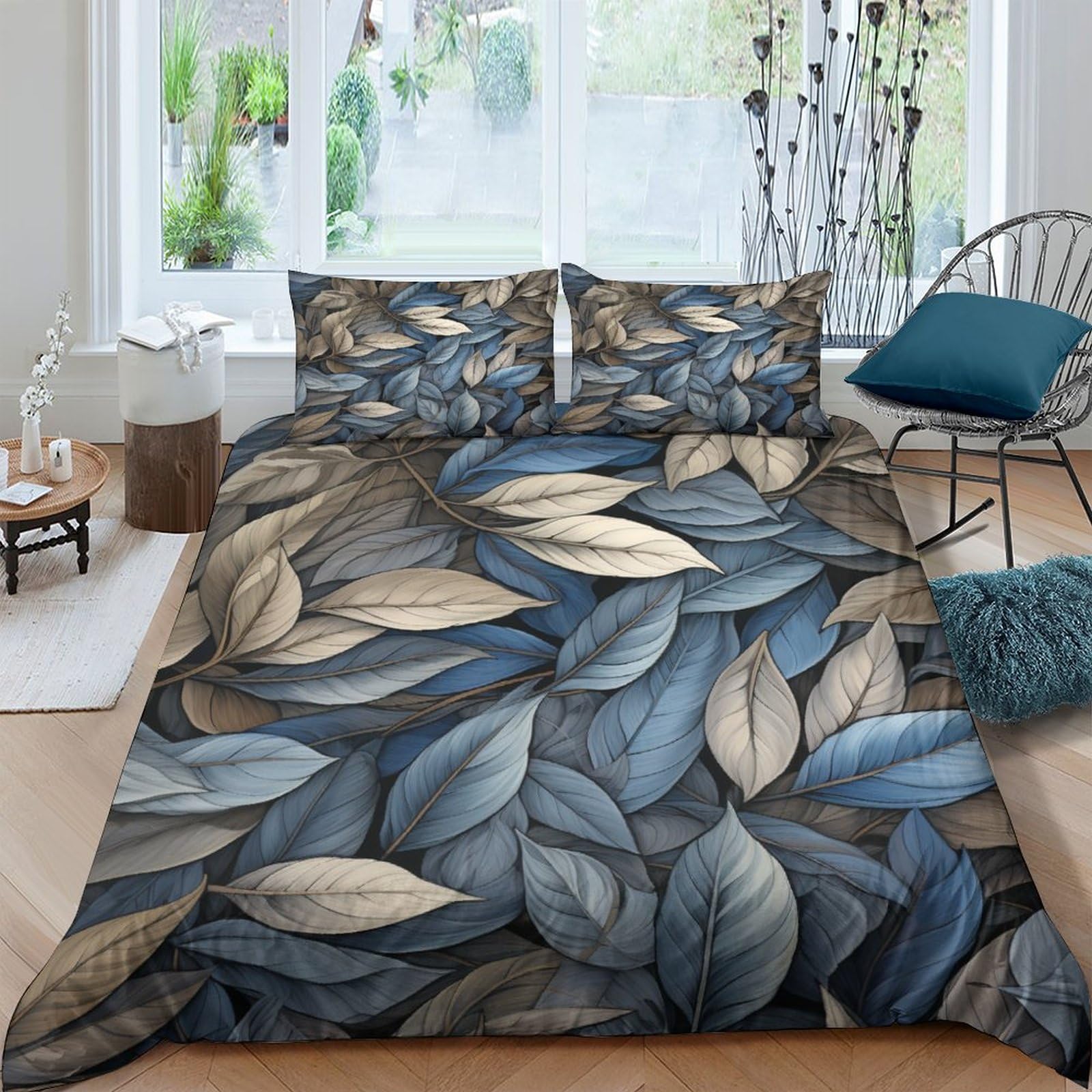 Housse de couette 3D motif feuilles bleues et grises en microfibre avec 2 taies
