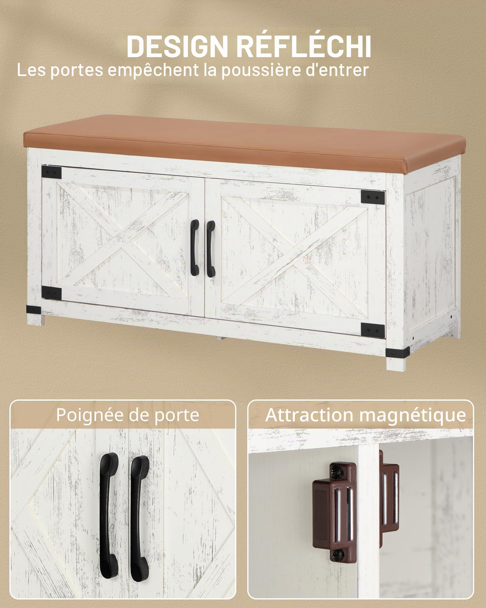 Hzuaneri Banc à Chaussures 2 Portes, Rétro Marron-Blanc, 35 x 100 x 49 cm | Banc d'entrée, Meuble Chaussure Entrée, Gagnez de l'espace, Convient pour Hall d'entrée, Entrée et Chambre, SB26614KA