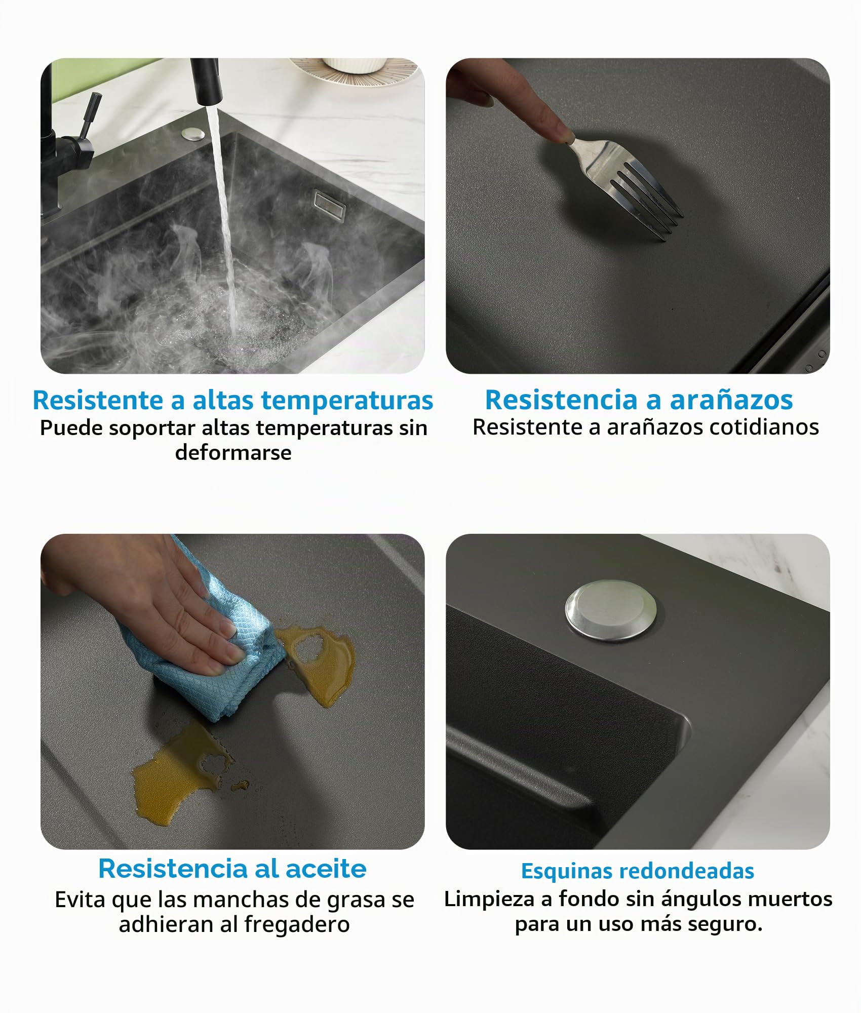 Fregadero Cocina Negro Acero Inoxidable 70×45cm,Fregadero Cocina 1 Seno,2 Orificios para Grifo,Kit Completo con Canasta,Bandeja de descongelación,Cestade Desagüe,Sifón