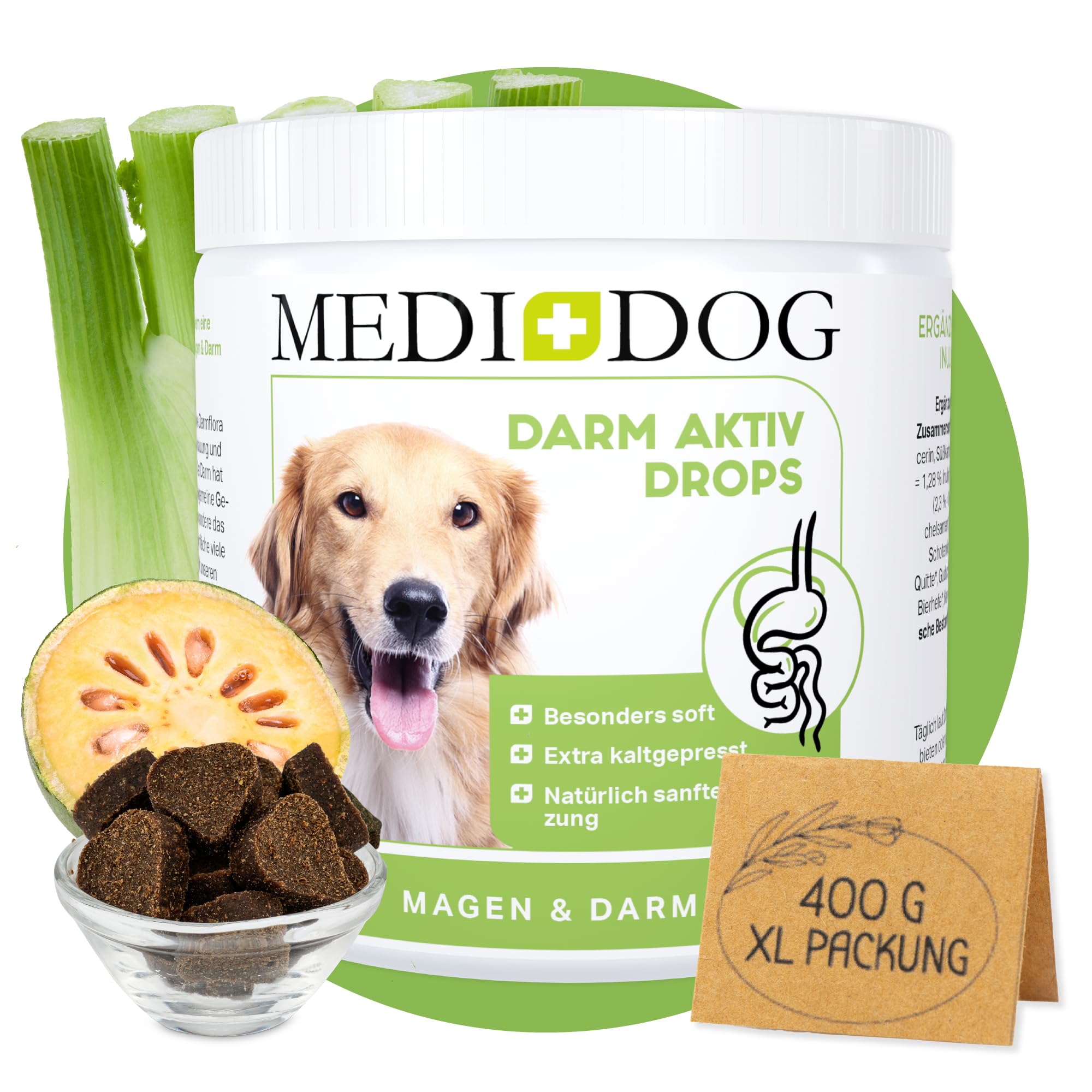 MEDIDOG Darm Aktiv Drops – 400 g – kaltgepresste Drops für alle Hunde – unterstützt bei Gras& Kotfressen, Durchfall und Erbrechen - mit Inulin, MOS, Fenchel, Flohsamenschalen