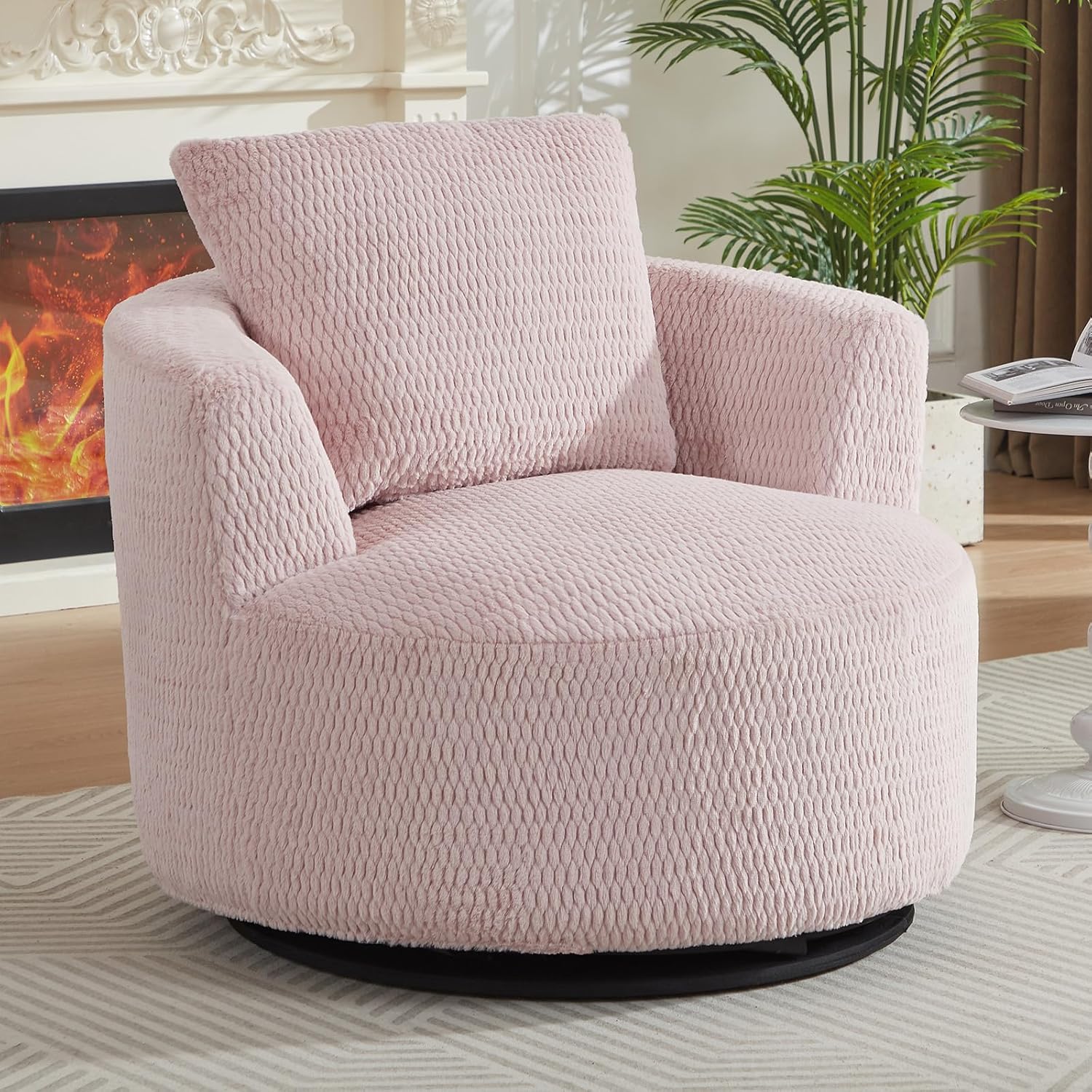 39.4" Wide Swivel Accent Chair, Modern 360° Rotating Barrel Chair with Metal Base, Club Single Sofa Chenille Armchair for Living Room Bedroom Reading Room Office (Cream)