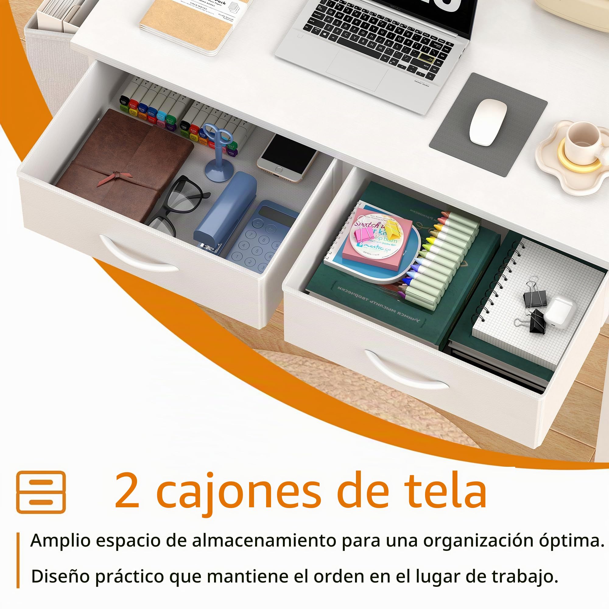 CAIYUN Escritorio pequeño con cajones de tela, 81,3 cm, tocador para dormitorio, oficina en casa, escritorio de ordenador para espacios pequeños, mesa de trabajo moderna y portátil con bolsa de