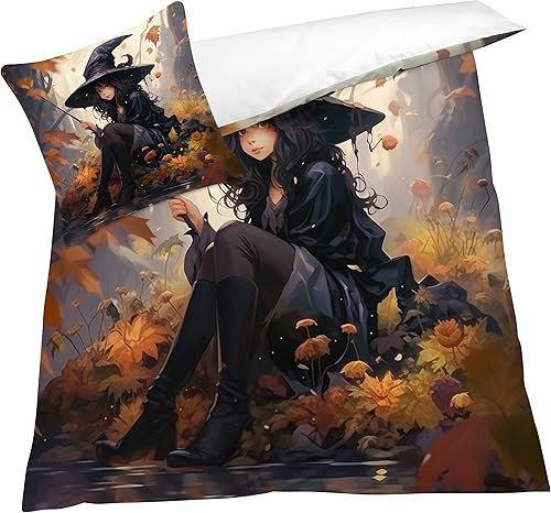 OmErsa Funda de edredón de bruja tamaño California King, juego de ropa de cama para niñas y niñas, 3 piezas, funda de edredón con estampado de