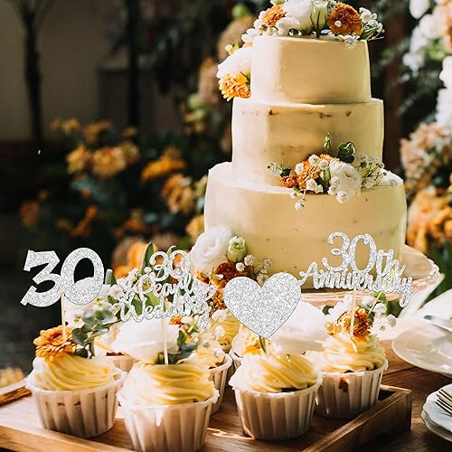 Miniatura 7 de Gyufise 24 adornos para cupcakes de 30 aniversario con forma de corazón y perlas para decoración de tartas de corazón para bodas, aniversarios,