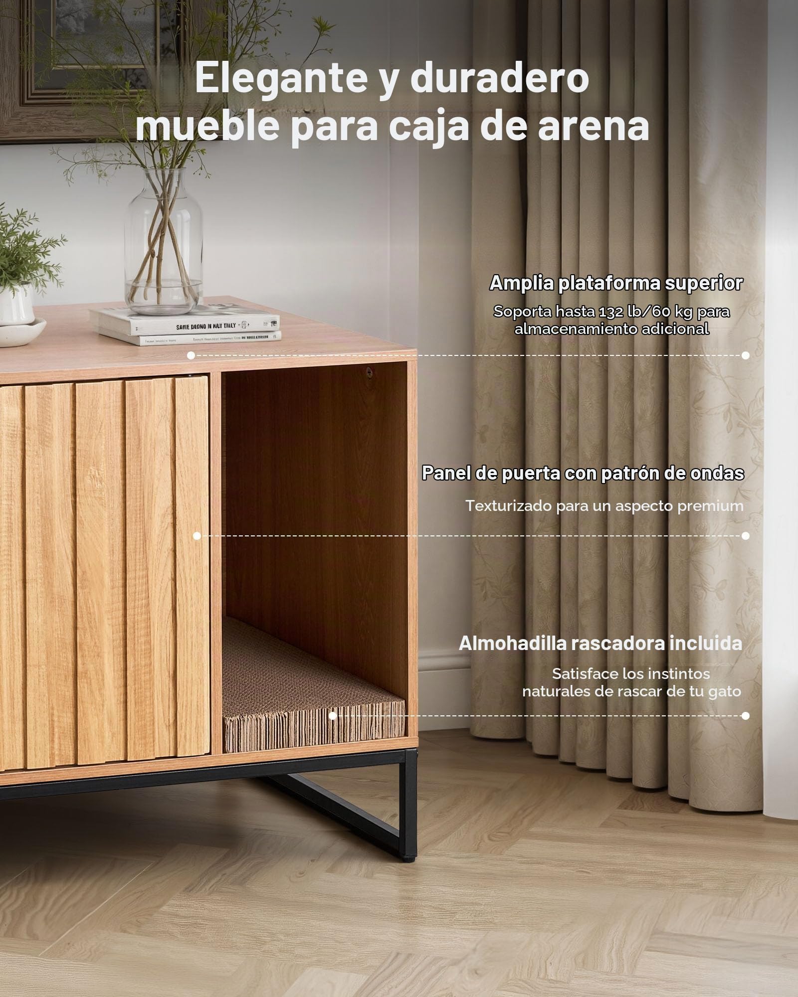 VEVOR Armario de Almacenamiento para Caja de Arena para Gatos, Escondite con Rascador, con Patas de Metal, Apto para la Mayoría de Cajas de Arena, para Sala de Estar, 80 x 51 x 56,8 cm, Madera