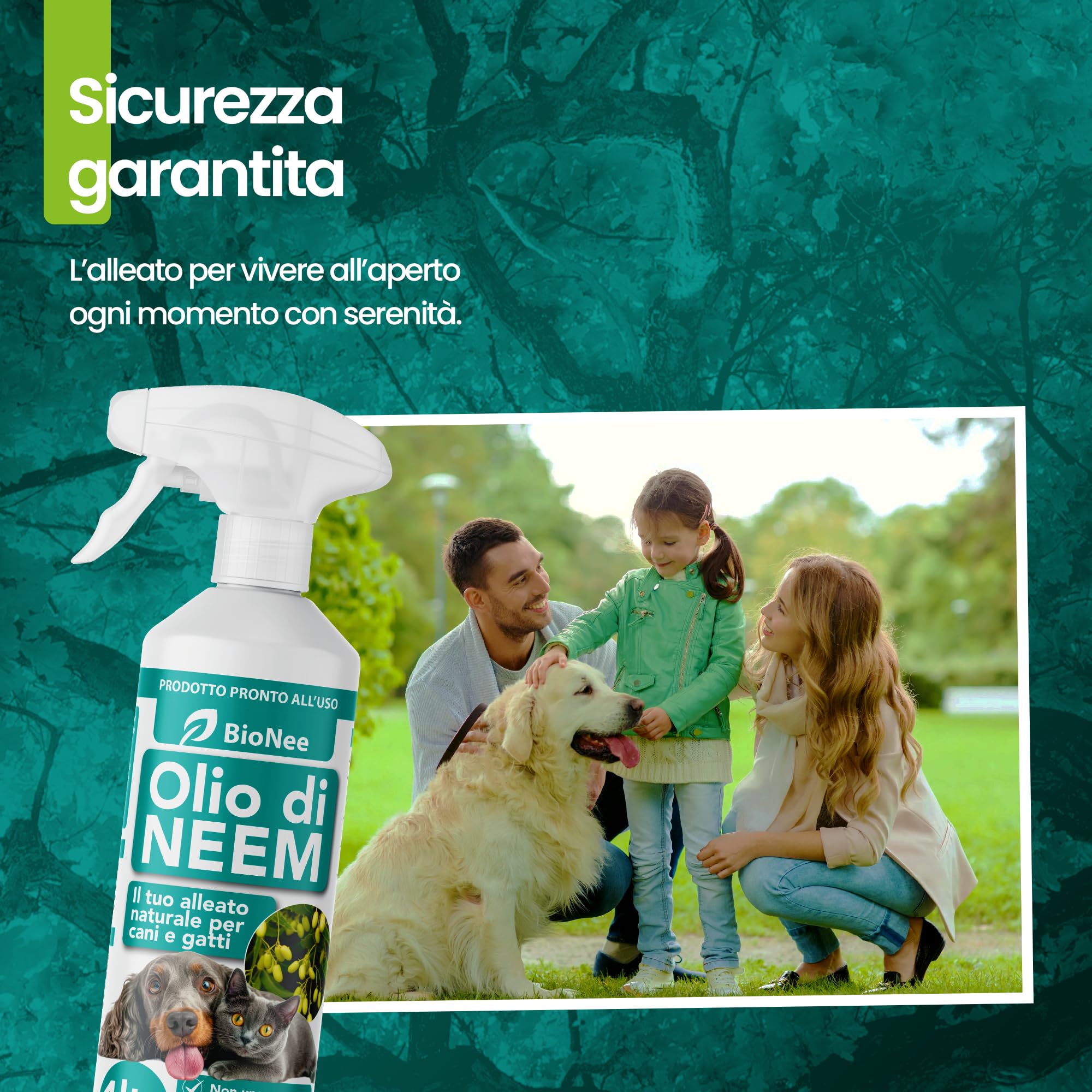 Huile de Neem pour Chiens et Chats Spray 1 L - Hydrosoluble, Naturel, Non Graisse - Action Délicate, Effet Barrière Dégoûté à Tiques Chiques Moustiques Insectes