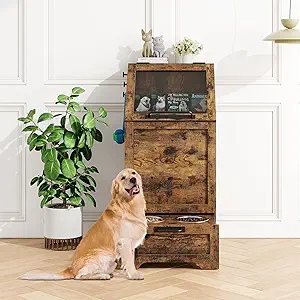 Dog Feeding Station with 2 Elevated Bowls, Pet Feeding Station,Flip Top Dog Food Storage Cabinet, Food Storage Container,Pet Toy Organizer,Modern Organizer,Brown