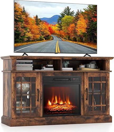 GOFLAME Soporte de TV con chimenea para TV de hasta 55 pulgadas, centro de entretenimiento de madera independiente con chimenea eléctrica de 18