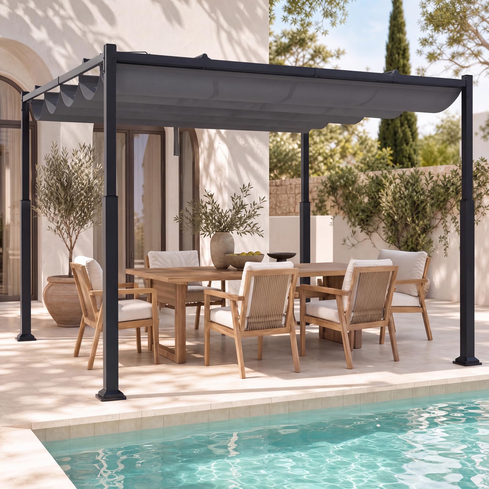 RELAX4LIFE Pergola Jardin Exterieur, Pergola 3x3 M avec Auvent Rétractable, Colonnes Métalliques, Toit en Polyester Hydrofuge, Protection UV, Tonnelle pour Jardin Cour Terrasse (Gris)