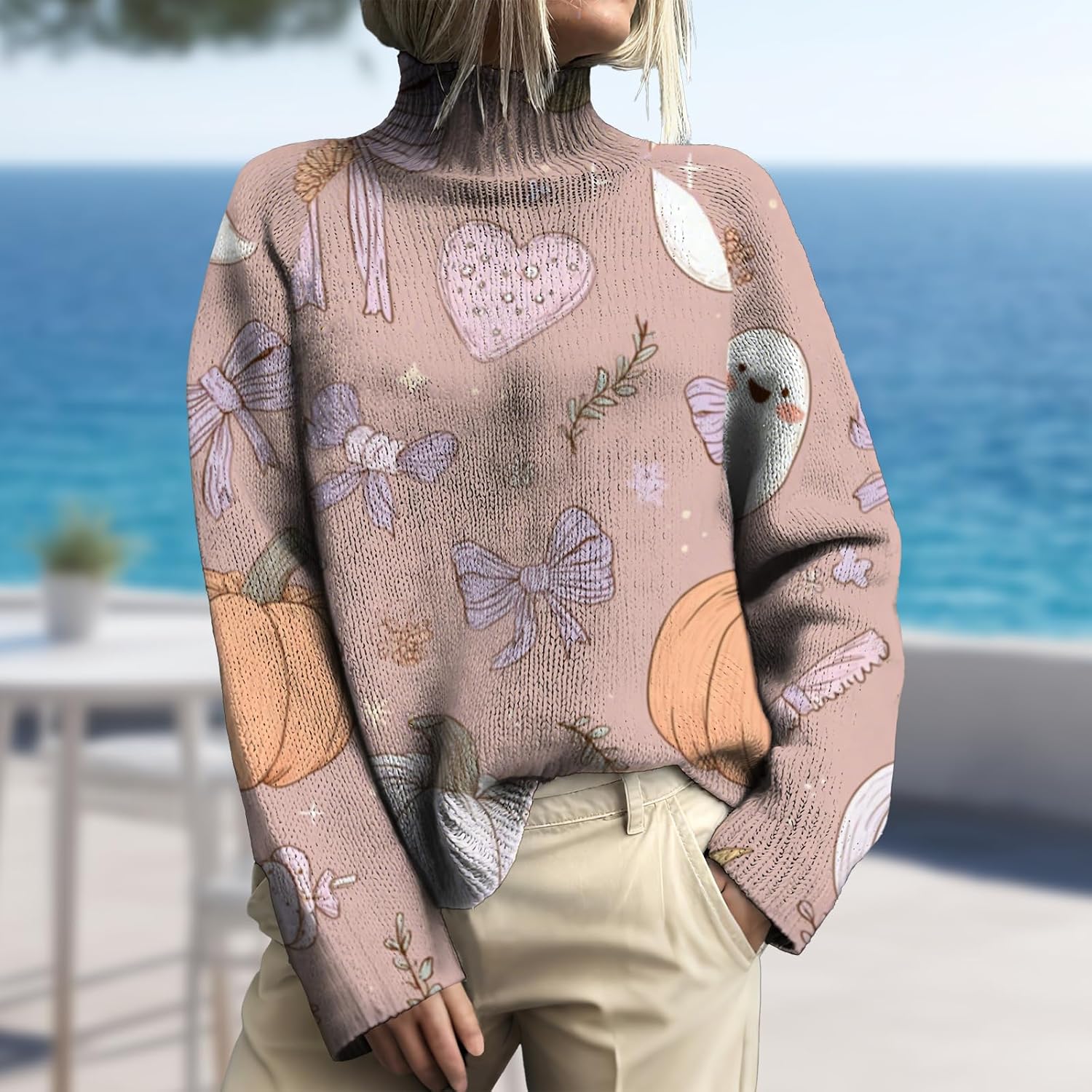 MARSVOVO Halloween Sweaters for Women Casual Comfy Pullover Long Sleeve Turtleneck Sweater Funny Graphic Fall Jumper Tops - Image 2