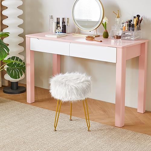 Miniatura 4 de IBUYKE Silla Taburete de Tocador de Piel Sintética, Otomana Taburete de Maquillaje Peludo, Asiento Acolchado Suave, Reposapiés Redondo Taburetes con