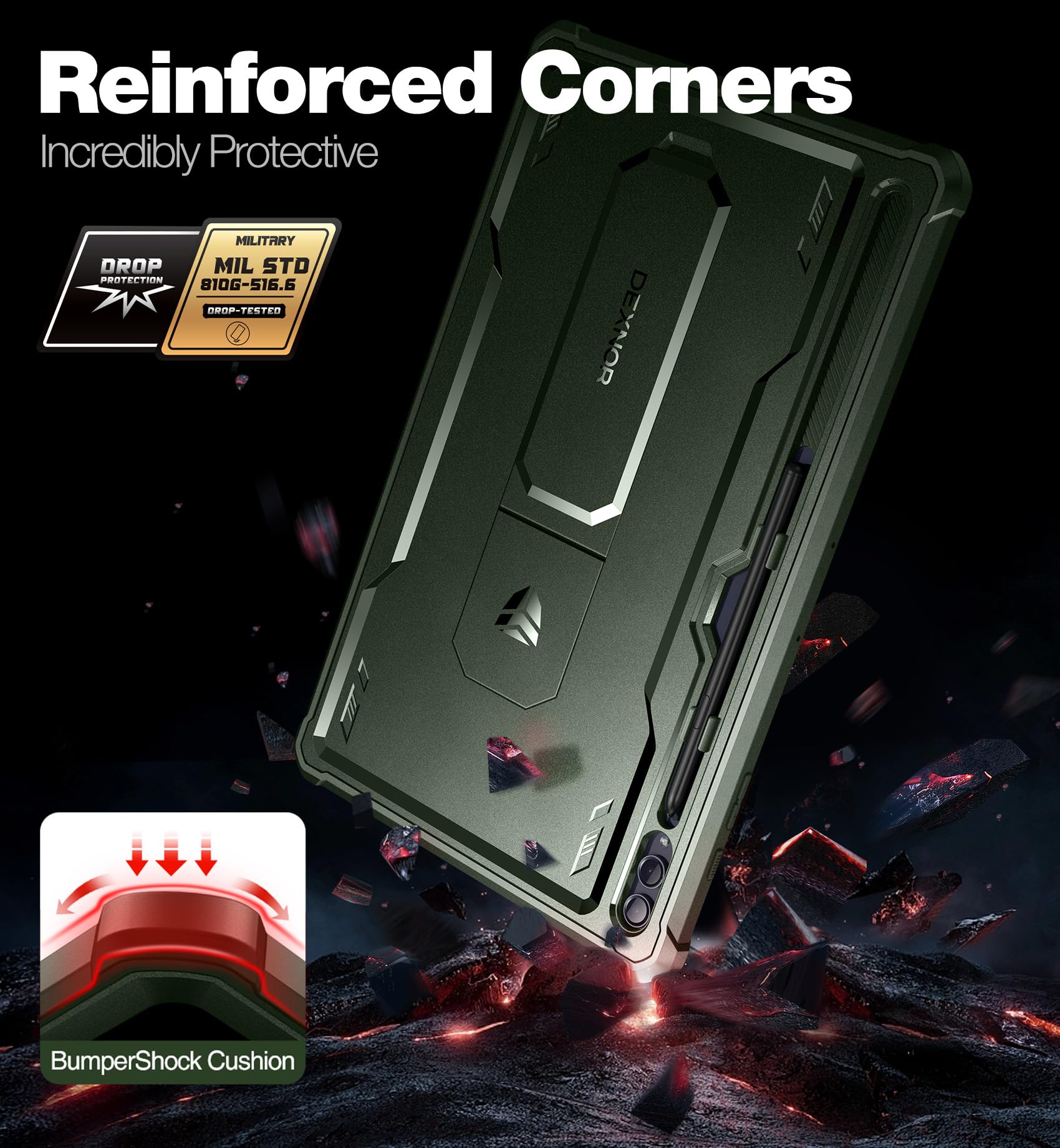 Dexnor Compatibile con Samsung Galaxy Tab S9 Ultra/S8 Ultra Cover [Protezione dello schermo integrata e supporto], Custodia protettiva antiurto durevole di grado militare Case - Verde Militare