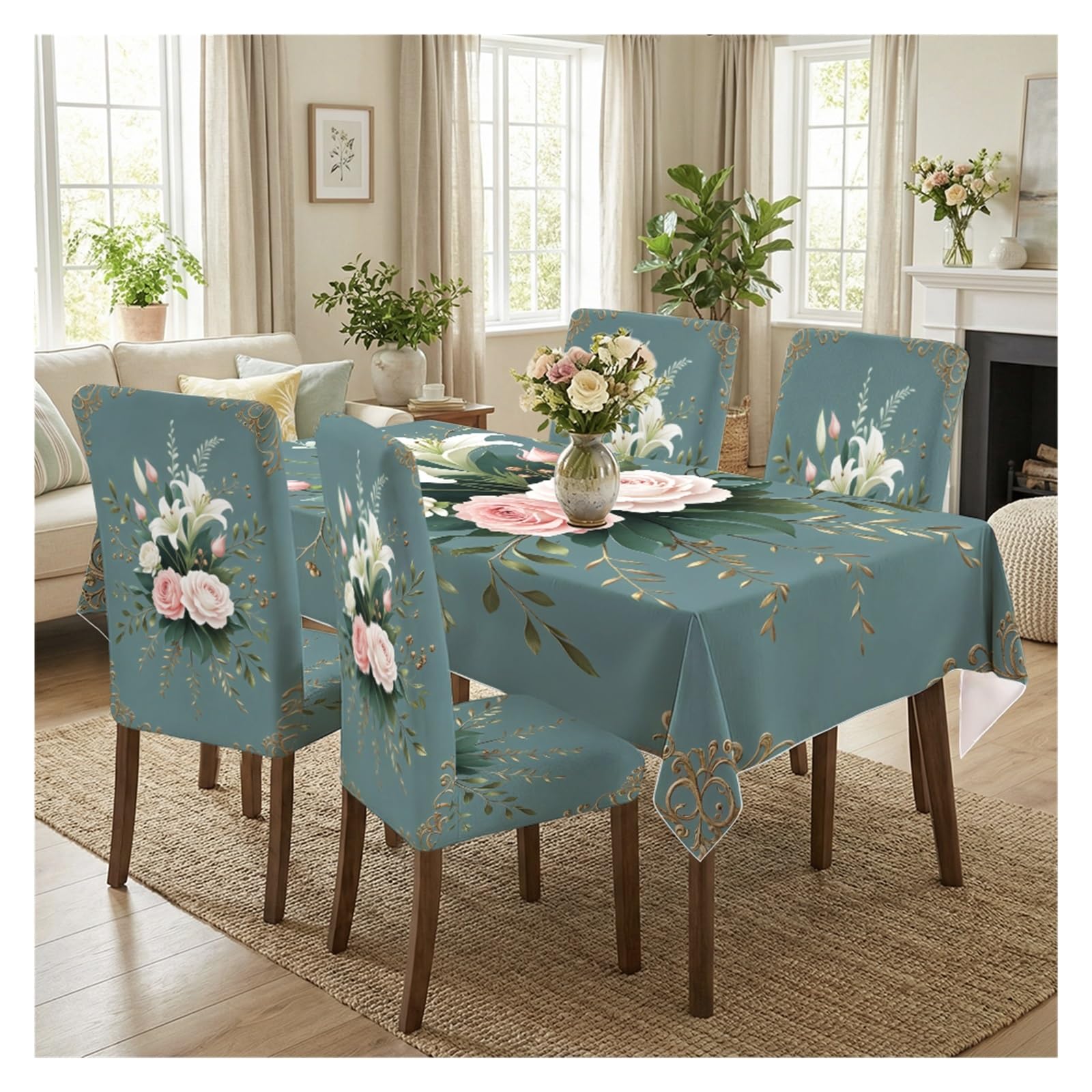 KXUAUV Stretch Dining Chair Slipcover & Tablecloth Set, Teal Base Lily Rose Golden Ornate Print, 5/7 Pack, Luxury Elegant Home Decor Party Decor(5pcs Set: Tablecloth+Chair Covers)