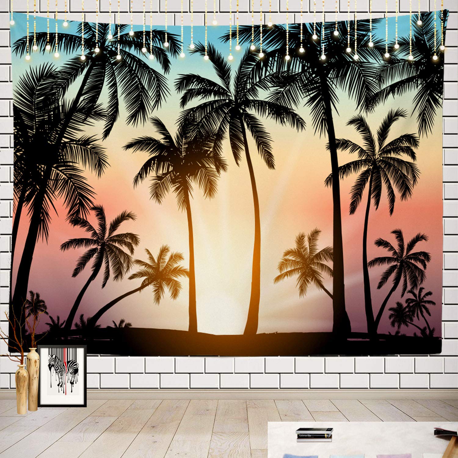 Batmerry Palm Trees Tapestry, Miami Beach Travel Poster Picnic Mat Hippie Trippy Tapestry Wall Art Meditation Decor for Bedroom Living Room Dorm, 51.2 x 59.1 Inches, Green
